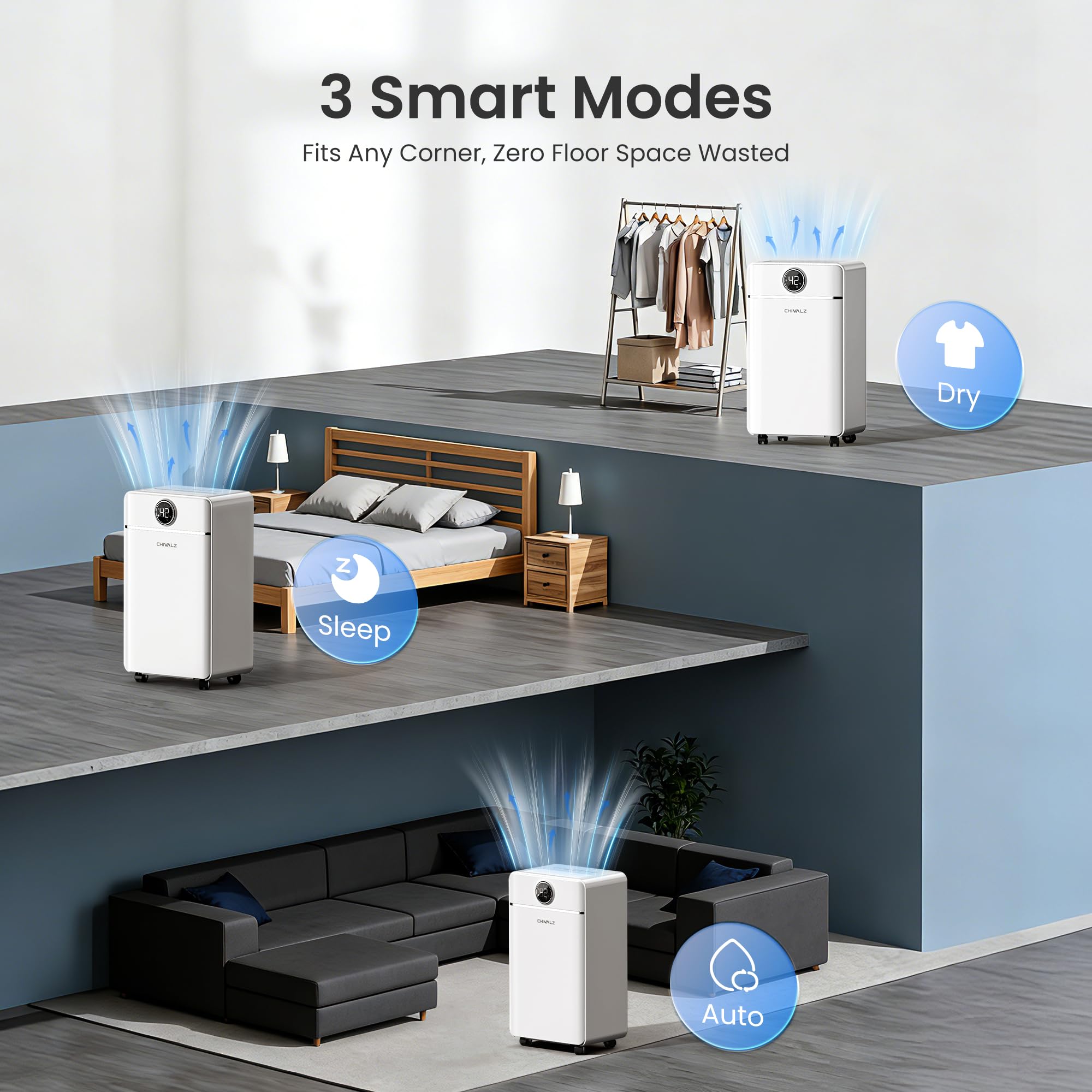 CHIVALZ Luftentfeuchter Elektrisch, Auto Raumentfeuchter Elektrisch 30m²/120m³, Raumentfeuchter mit 3 Betriebsmodi, 24H Timer, Automatische Abtauung, Energieeinsparung - Geeignet für Keller, 1 Pack