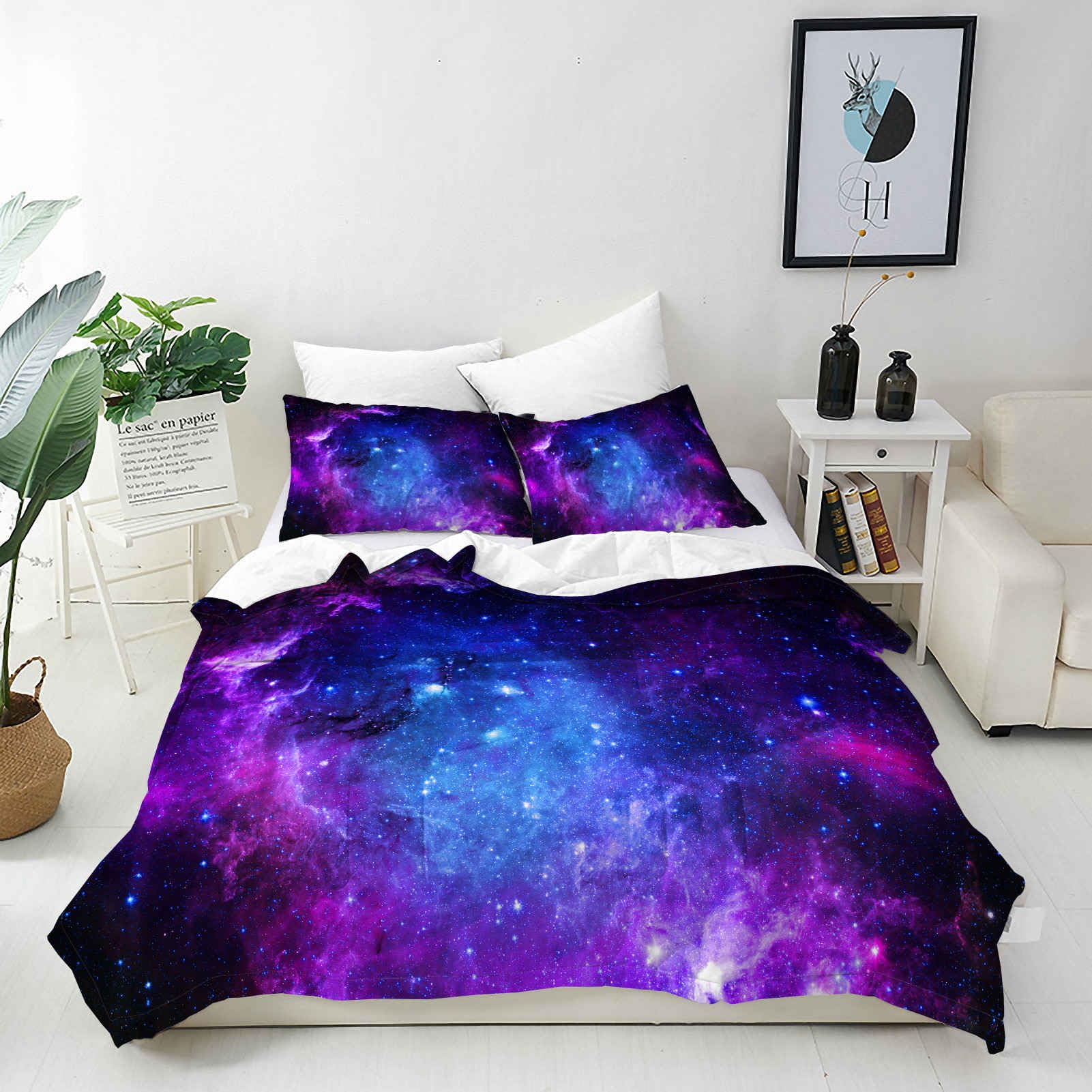 ANHOPE Custom Duvet Cover & Pillowcase Customized Size Bedding Set with Space Purple Galaxy Nebula Printed Pattern Personalised Quilt Cover for All Season