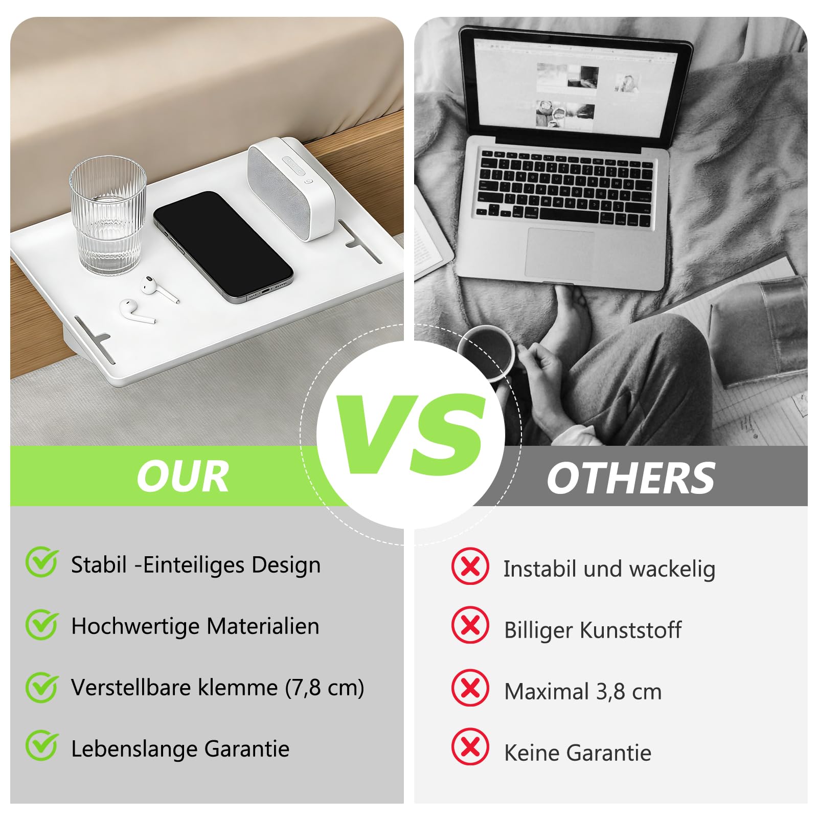 OUZHOU Bettablage zum Einhängen, Regal für Hochbett mit Kabelhalter, Betttablett Schwebend, Nachttisch zum Einhängen für Bett und Etagenbett, Kinderzimmer und Schlafräume