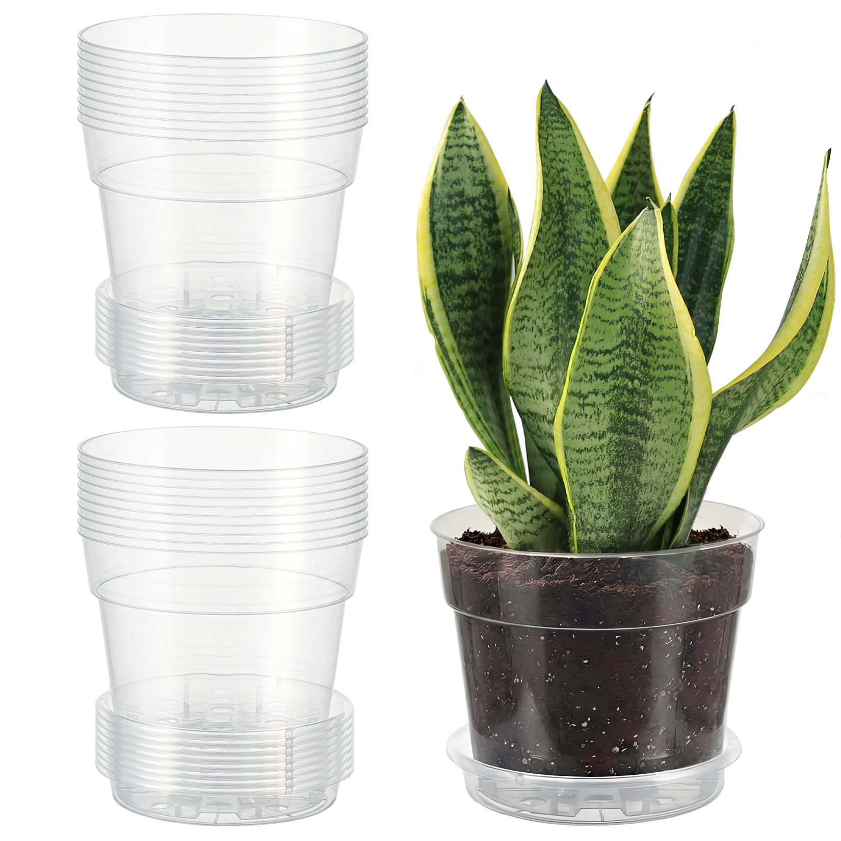 Garvee Lot de 20 pots de fleurs transparents de 15,2 cm avec soucoupes, pots de fleurs en plastique épais avec trous de drainage, pots de fleurs transparents pour intérieur et extérieur