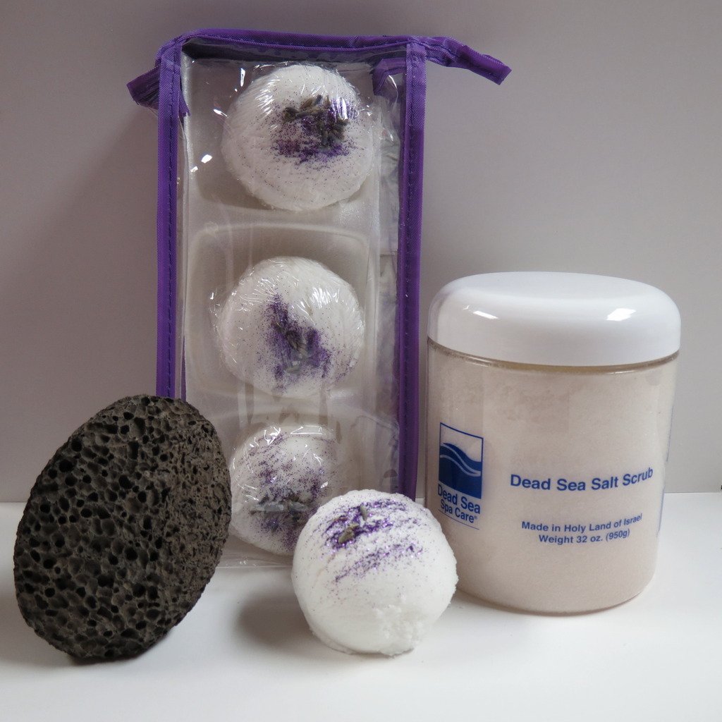 Bubble Bath Truffles: Lavender Pomegranates 3 Pack Bath Truffles, 32 oz Pomegranate Dry Salt Scrub, Pumice Stone by Dead Sea Spa Care, Bubble Bath, Bubble Truffles, Bath Bombs