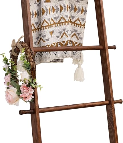Miniatura 95 de Escalera para mantas, soporte de edredón de madera de 6 niveles, estante decorativo para escalera, estante inclinado, estante de almacenamiento