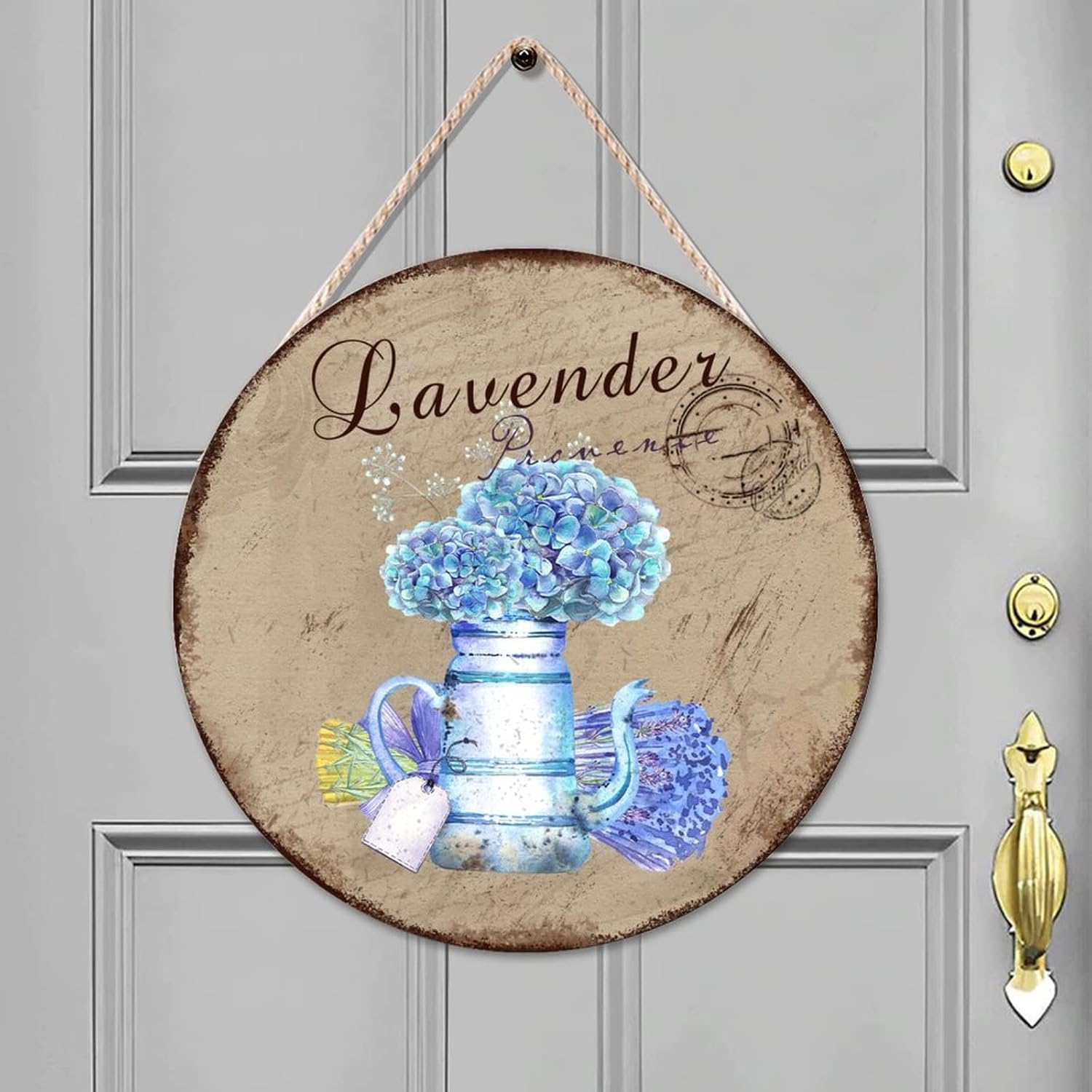 Lavender Wood Door Sign, Custom Calligraphy Front Door Sign, 16x16in Flower Wall Hanging Sign Plaque for Front Door Farmhouse Porch Housewarming Gifts
