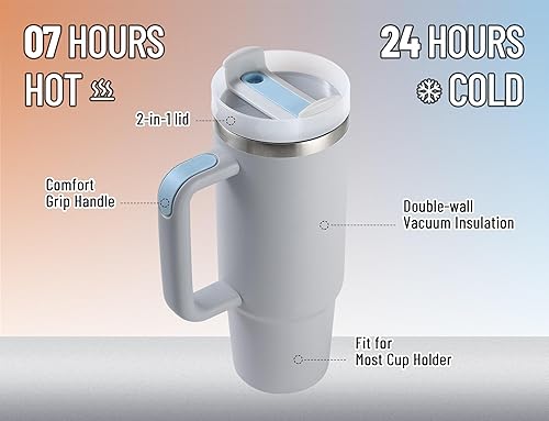 Miniatura 2 de DLOCCOLD Vaso de acero inoxidable de 30 onzas con asa, vaso aislado con tapa y pajilla, apto para taza de viaje, vaso grande reutilizable para agua,