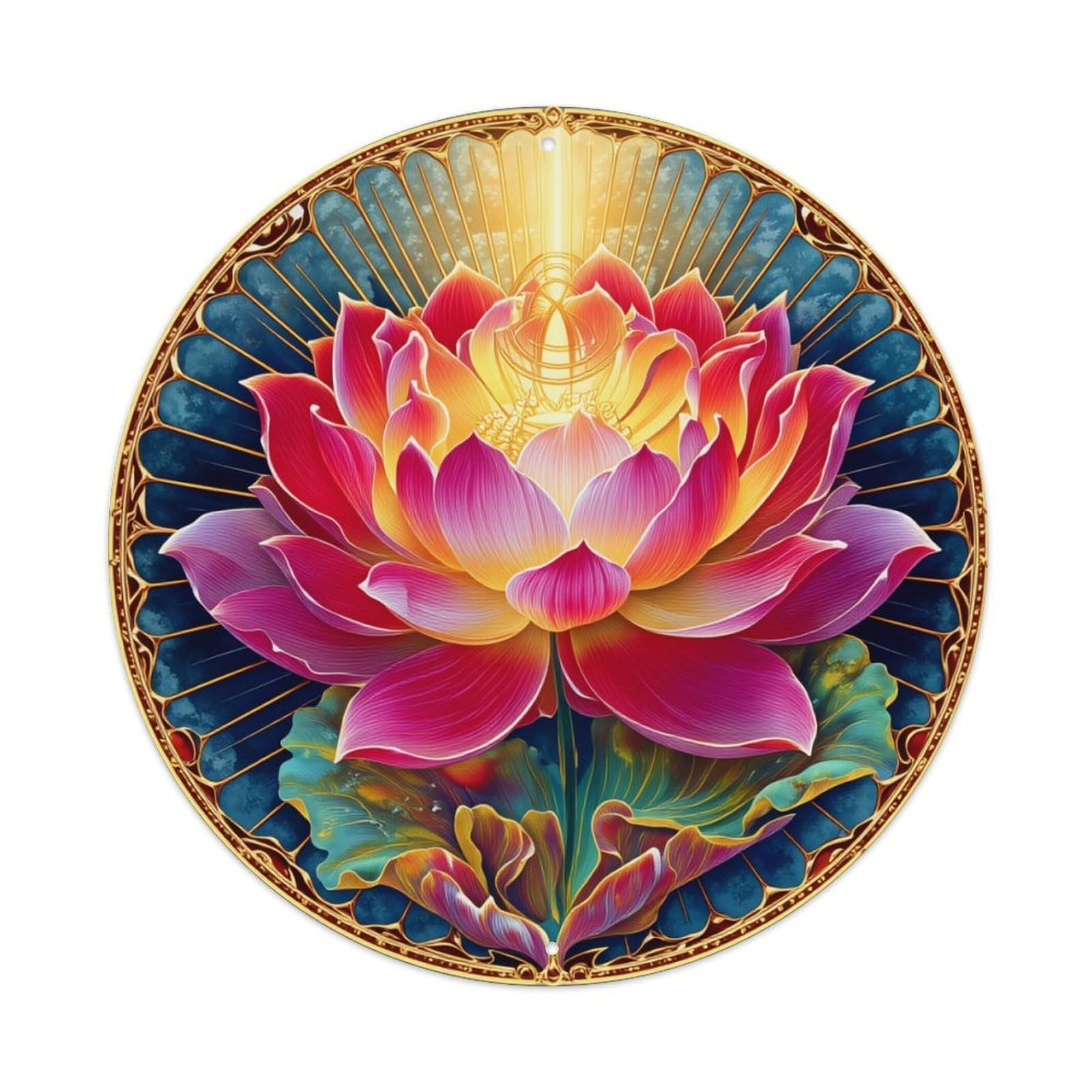 Lotus Flower Golden Art Round Tin Sign Vintage Metal Poster, Home Bar Garage Man Cave Cafe Indoor & Outdoor Wall Decoration 8x8Inches