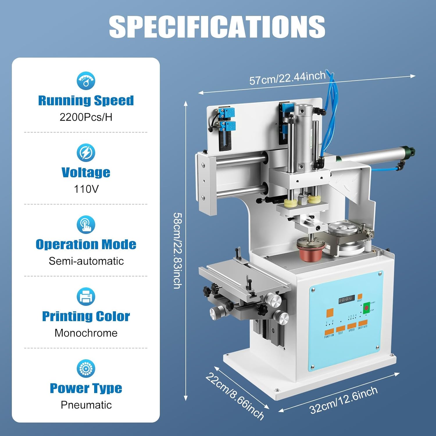 Graphical representation of the RudiUsoy Pad Printing Machine specifications, including running speed, voltage, operation mode, printing color, and power type, along with key dimensions.