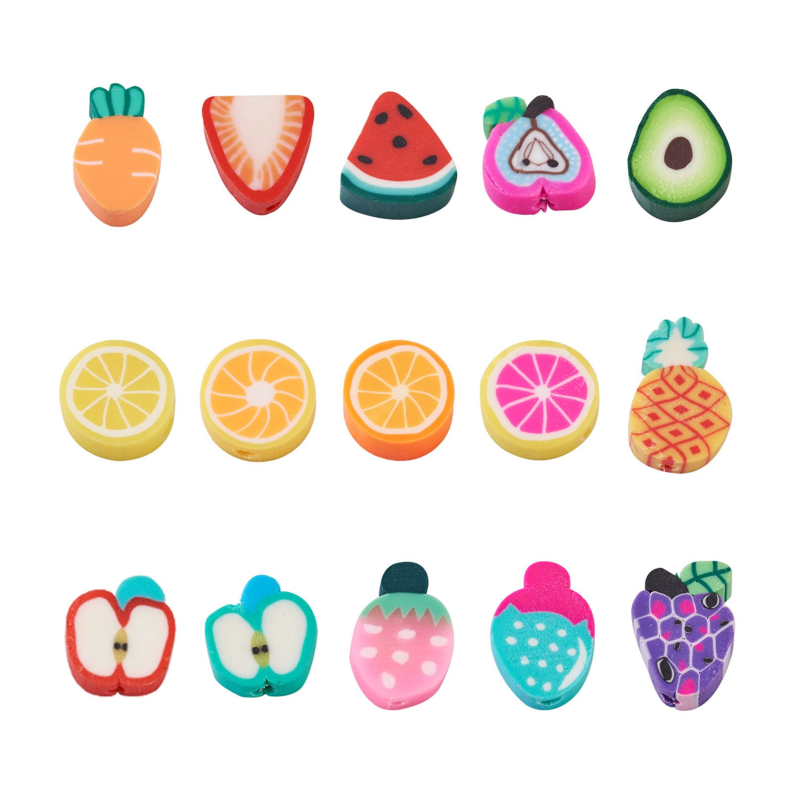 PandaHall 225pcs Handmade Fruit & Vegetable Polymer Clay Beads Colorful Carrot Grape Orange Strawberry Lemon Spacer Loose Beads for DIY Bracelet Necklace Jewelry Making