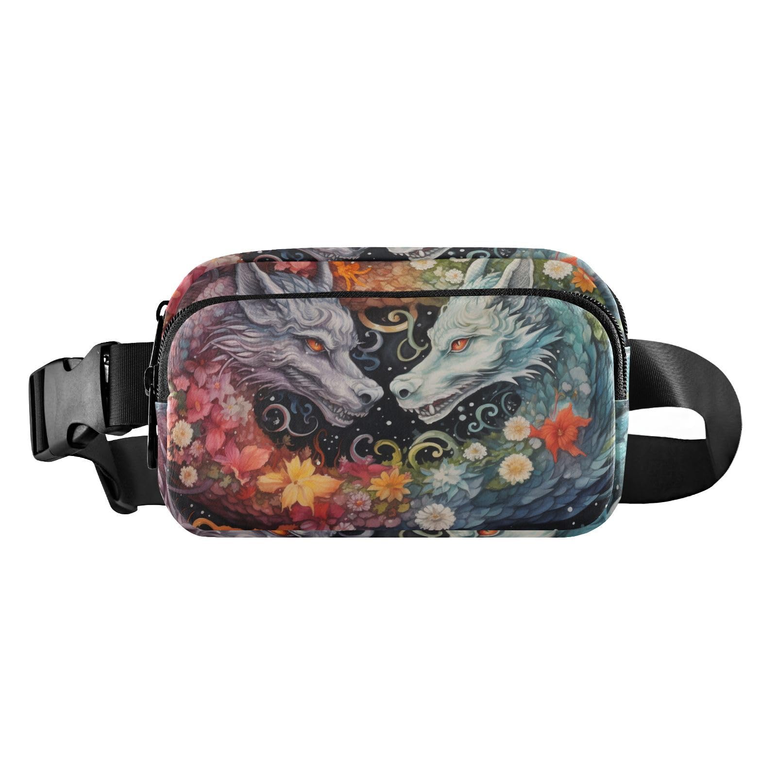 ZENWAWA Fanny Pack Dragons Flowers Print, Water Resistant Waist Pack Zipper Closure Crossbody Travel Bag 8×5.3×1.6 IN