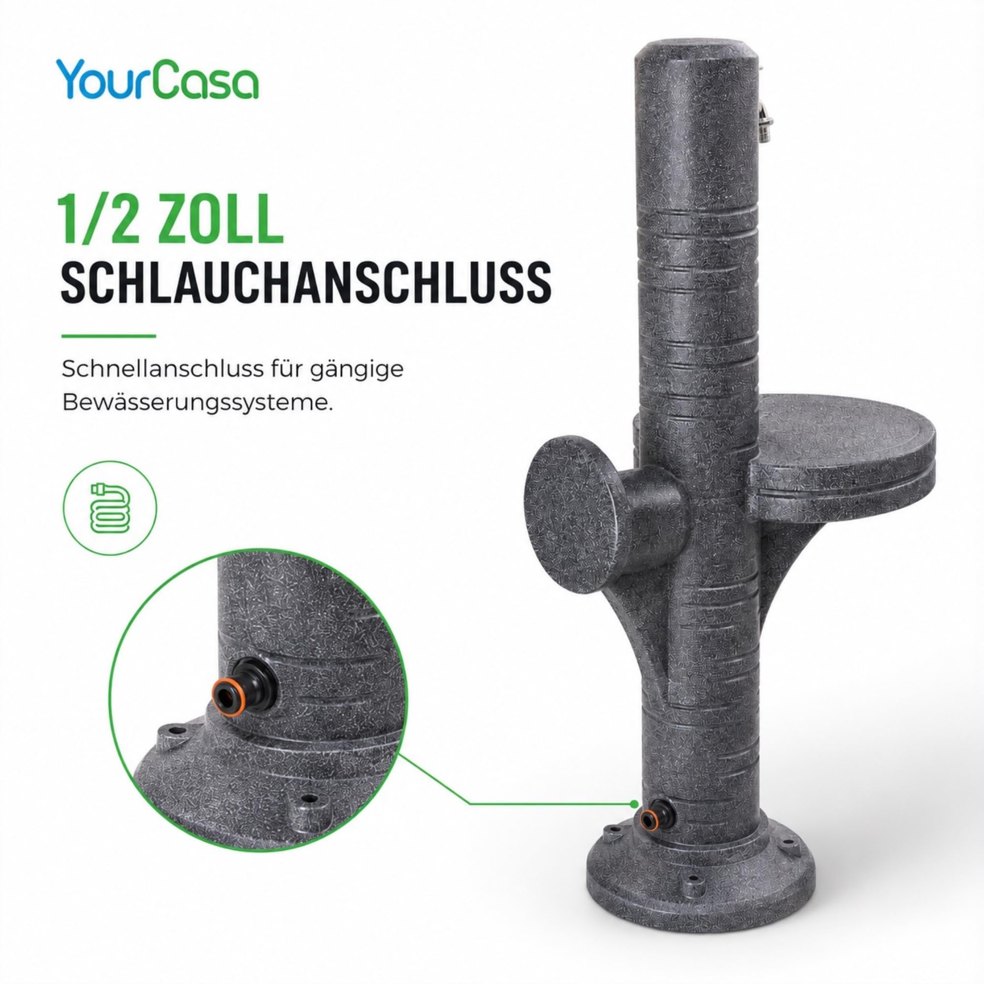 YourCasa AquaPost Wassersäule Garten mit Ablagestellfläche & Schlauchhalterung – Zapfsäule | Wasserzapfsäule | Zapfstelle Garten | 1/2" Wasserhahn Chrom | Made in Europe