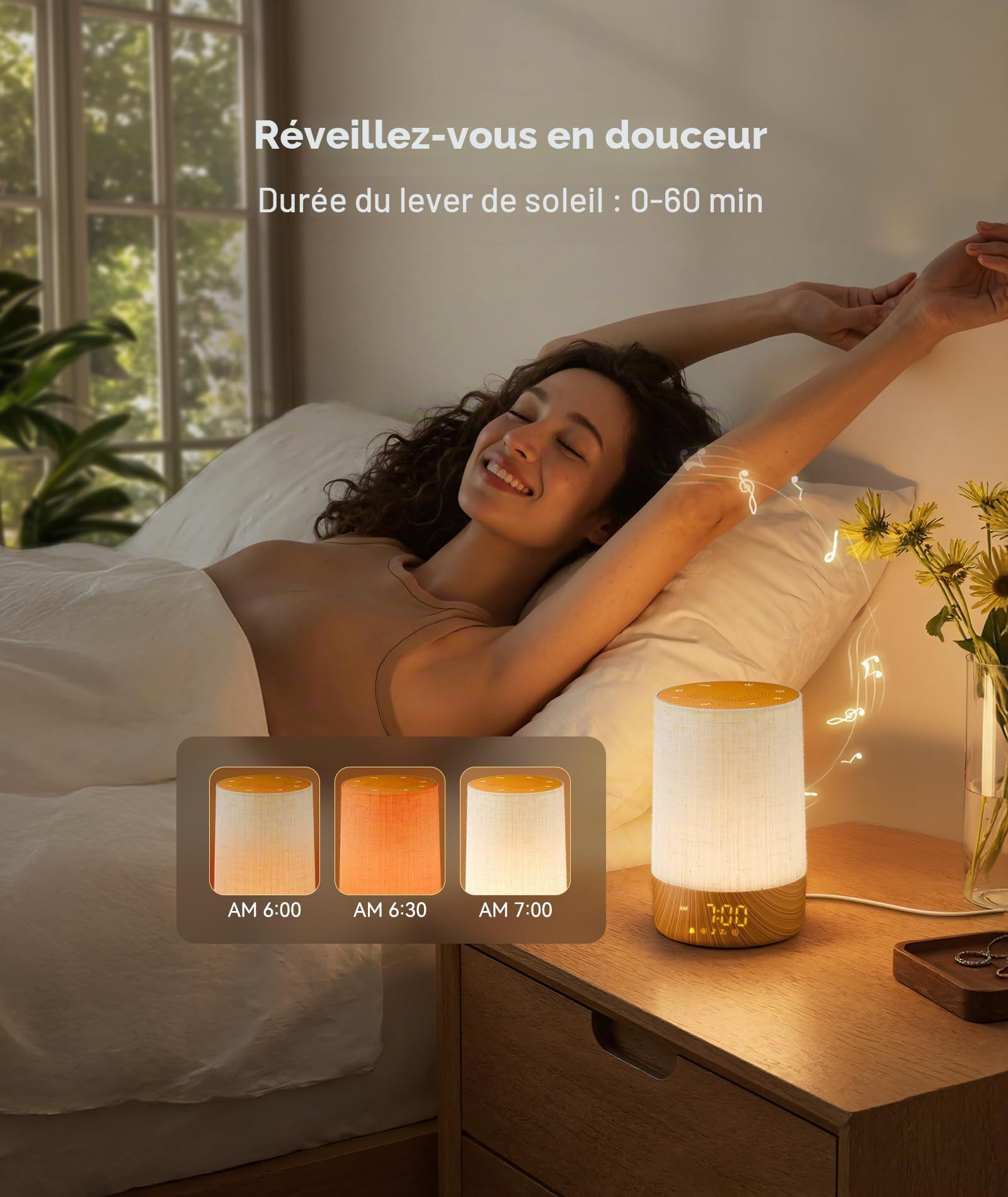 Dreamegg Réveil Lumineux Simulateur d’Aube, Machine Bruit Blanc 29 Sons Apaisants, Lampe de Chevet 20 Niveaux Luminosité, Écran 5 Niveaux, Minuterie & Snooze