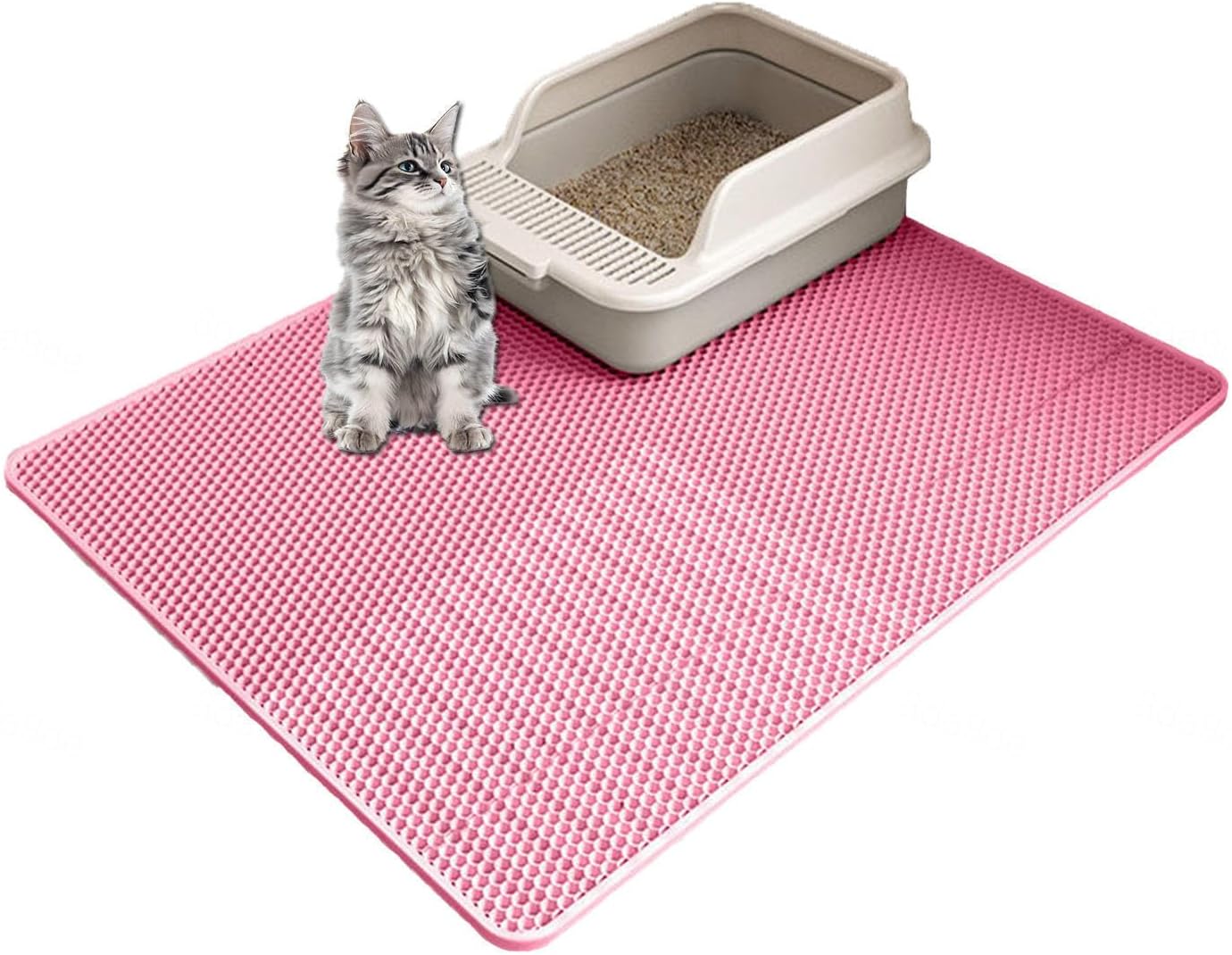 Cat Litter Mat Honeycomb Double Layer Easy Clean Litter Box Mats Less Waste,Soft On Paws,Non-Slip,Pink-16x20x0.5in