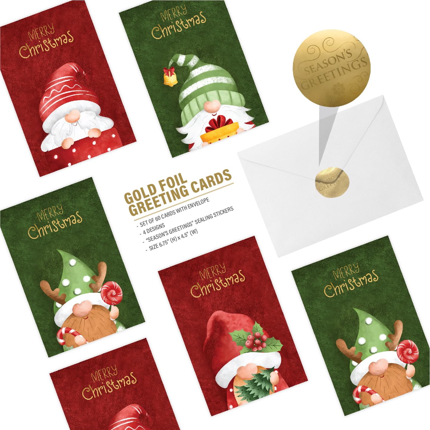 easykart labels Lot de 60 cartes de nain de Noël avec enveloppes et autocollants à sceller, 4 motifs de Père Noël sur le thème de Noël avec effet pliant doré, 17,1 x 11,4 cm pour les amis, la famille