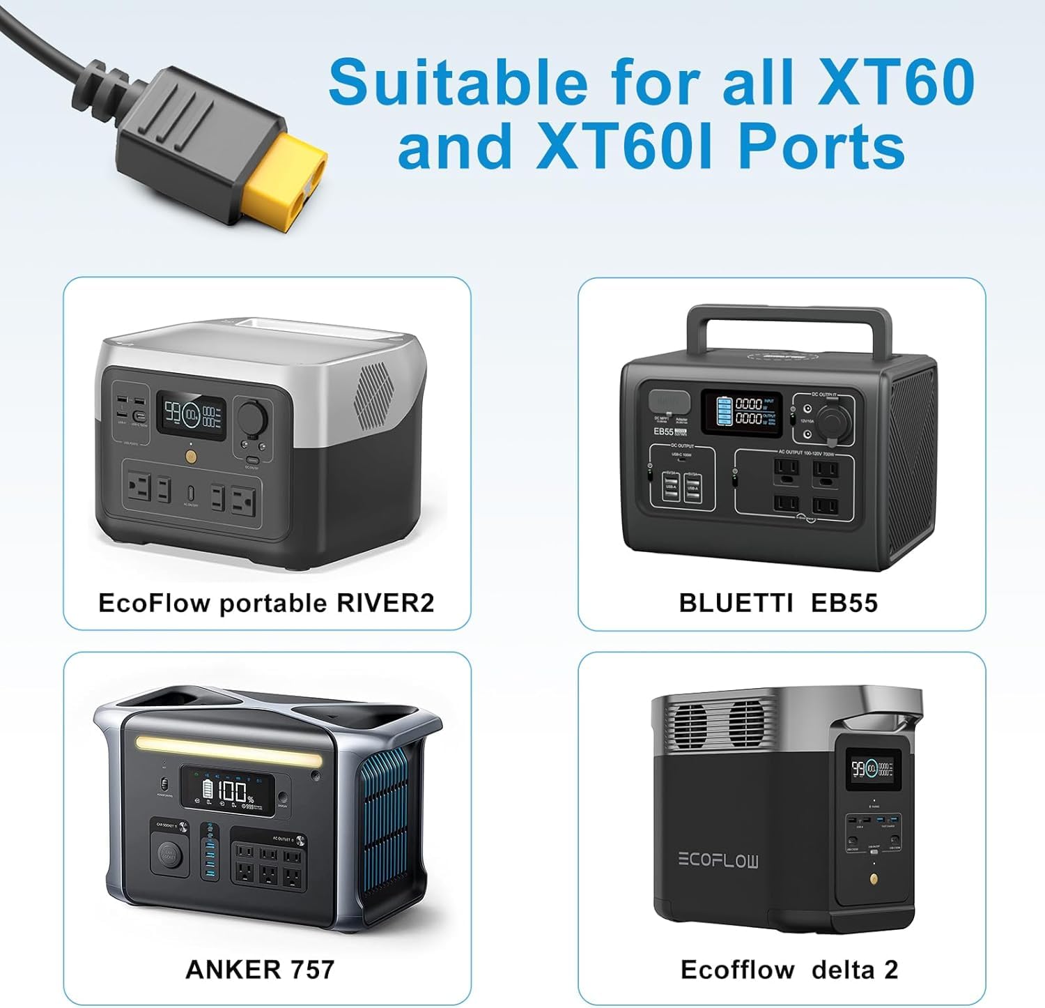 12 V/24 V DC Adattatore XT60 Caricabatteria da auto per ECOFLOW DELTA 2/3 River 3/2 MAX Bluetti EB55 AC70 Power Station Anker SOLIX C200 C300 C1000 F2000 Generatore Solare Batteria Lipo XT60 Spina