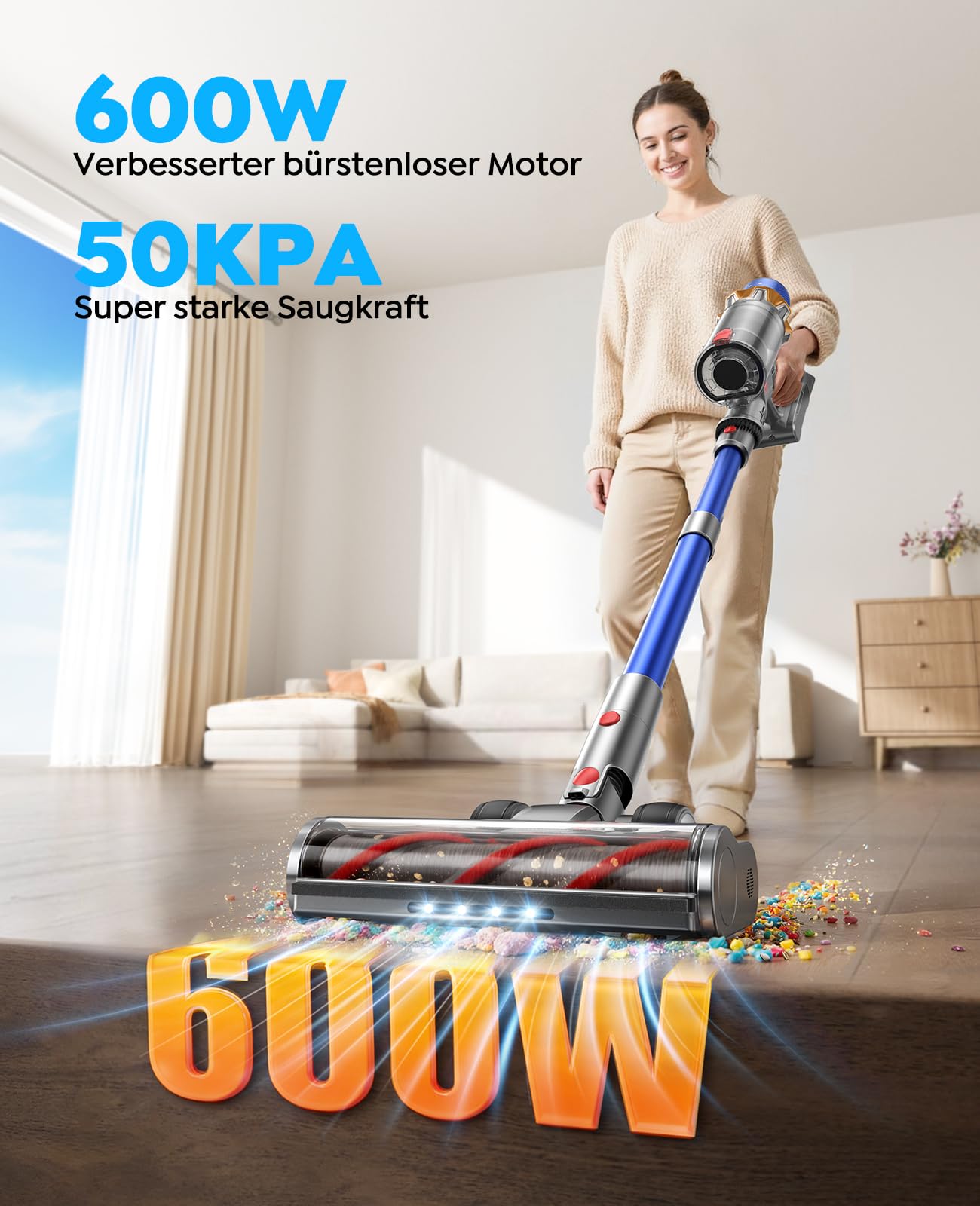 Fieety Kabelloser Akku-Staubsauger mit 2 Akkus, 130 Min Laufzeit, 50Kpa/600W Starke Saugkraft, Automatikmodus, Wandmontierte Ladestation, 1.5M Schlauch für Hartböden Teppiche Tierhaare Auto