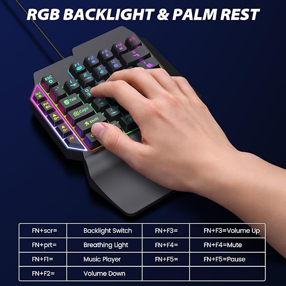 Bestcool Half Handed Gaming Keyboard and Mouse Combo, RGB Backlit 39 Keys Wired Mechanical Keyboard with Wrist Rest, 3200 DPI Wired Gaming Mouse, Converter for PUBG, Android Phone Games, Not for iOS