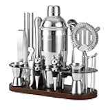 23-Piece Bartender Kit, Cocktail Shaker Set with Stand | Bar Drink Mixer Set with All Essential Bar Tools: Martini Shaker, Jigger, Strainer, Pourers, for Home, Bar, Party (chocolate-y)
