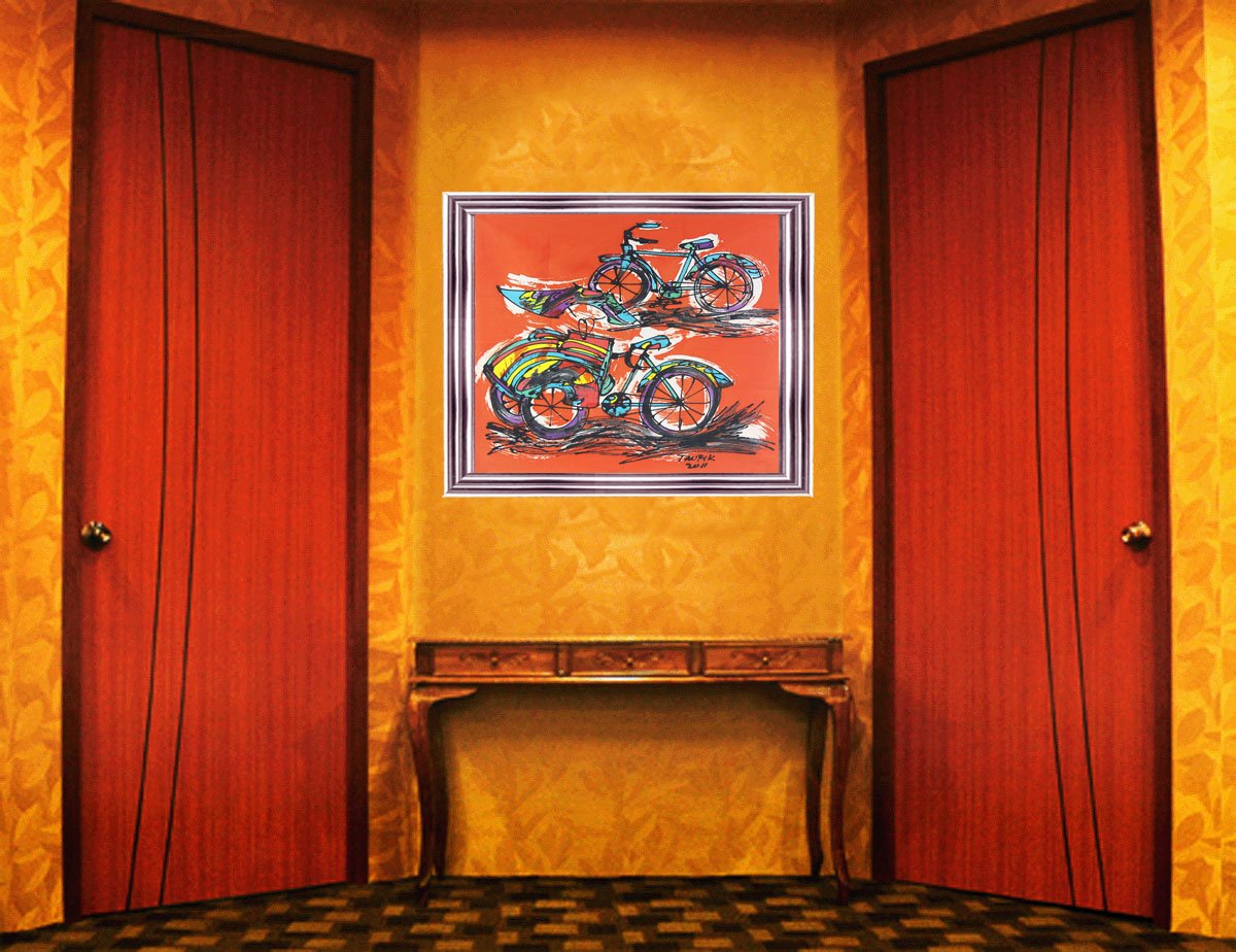 Amazon.co.jp: バティックアートペイント、自転車とRickshaw ' by