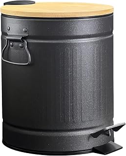 Small Trash Can with Bamboo Lid Soft-Close, 1.3/5L Gal Bathroom Garbage Can with Foot Pedal, Round Waste Basket with Inner Bucket for Bathroom, Bedroom, Powder Room, Office(Black)