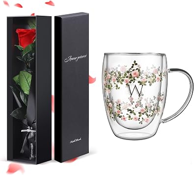 Preserved Rose Gift for Mom - Mothers Day Rose Flower and Cup Gifts, Preserved Flowers & Double Glass Cup for Her, Women, Grandma, Girlfriend, Wife Anniversary Romantic Gift