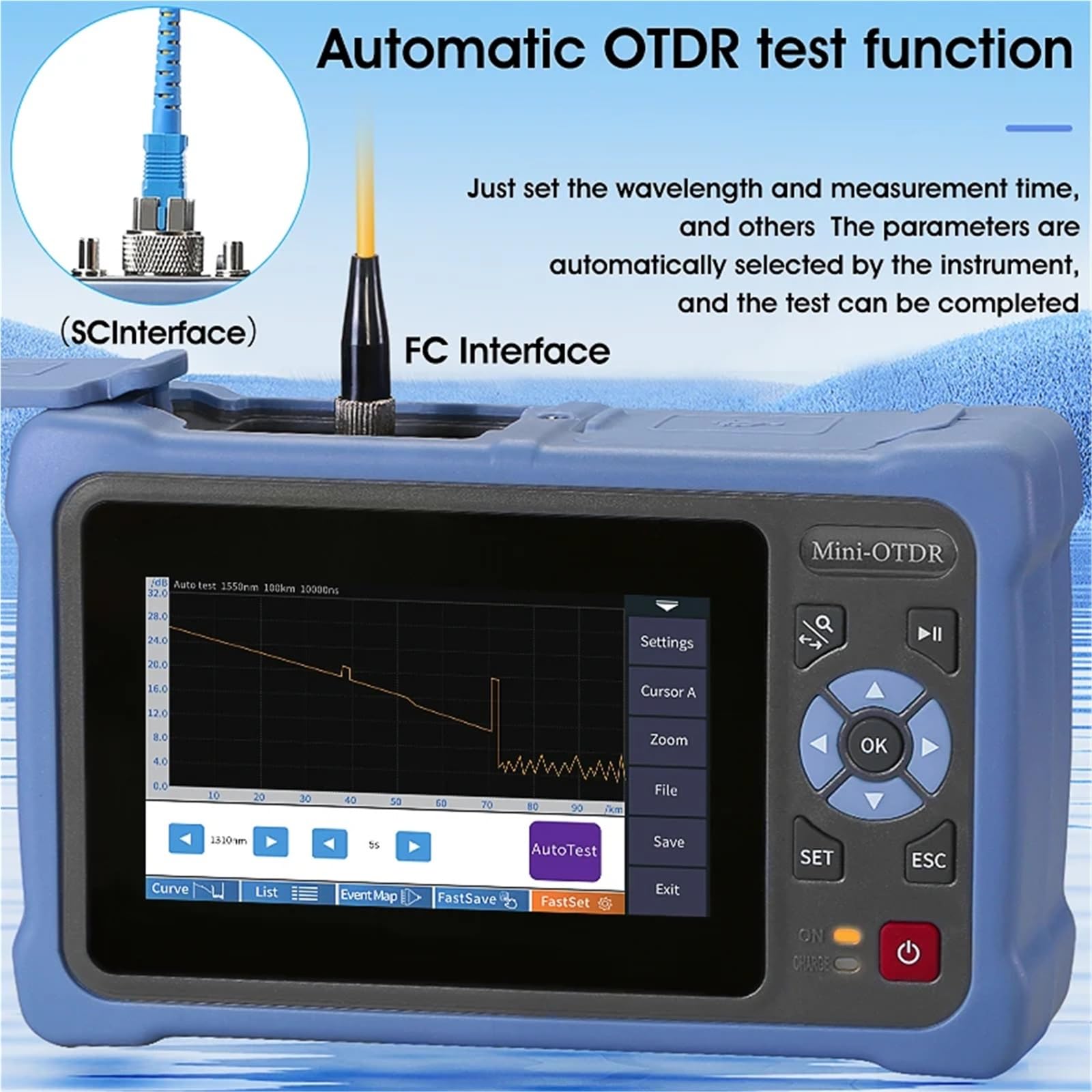 Reflektometr światłowodowy OTDR 100 km, ekran dotykowy 1310/1550 nm, 26/24 dB, mapa zdarzeń VFL OLS OPM, tester kabli Ethernet Elektrownia stacji(AUA800U)