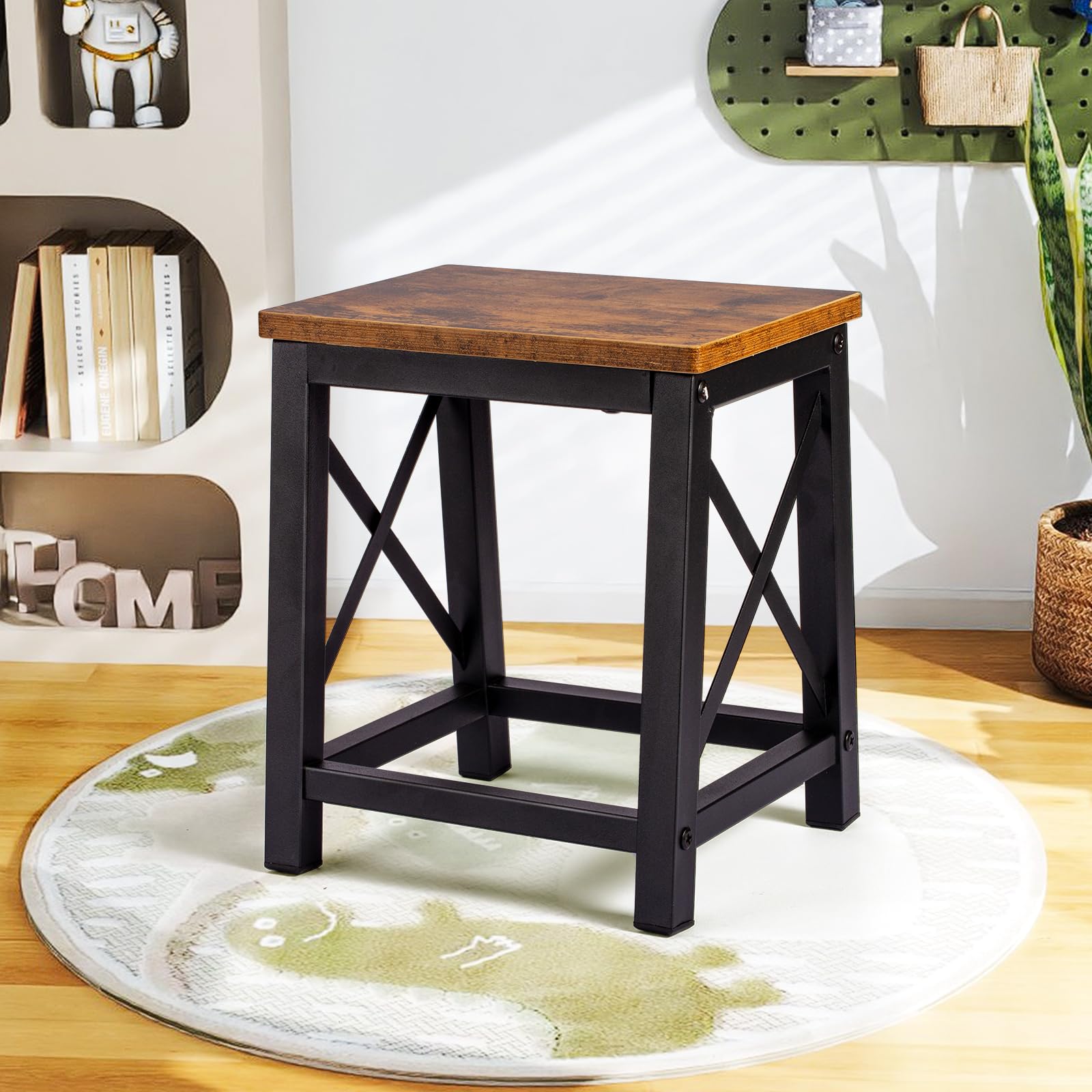 HDANI Taburete de Madera Escalera Resistente 220 kg Marco Metal Antideslizante Marrón-Negro