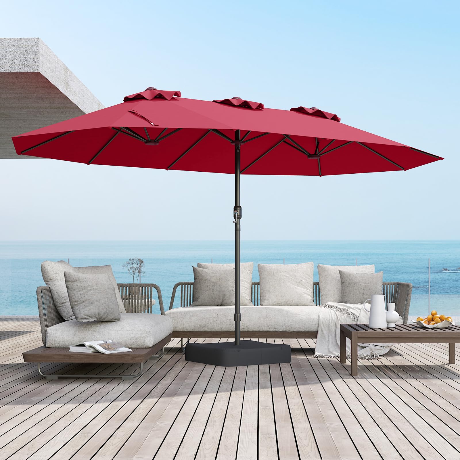RELAX4LIFE Grand Parasol Double avec Pied 4,7M, Grand Parasol de Jardin Extérieur avec Manivelle, 12 Baleines, Base Croix, Sacs de Sable, Ventilé, Protection Solaire pour Terrasse Marché (Rouge)