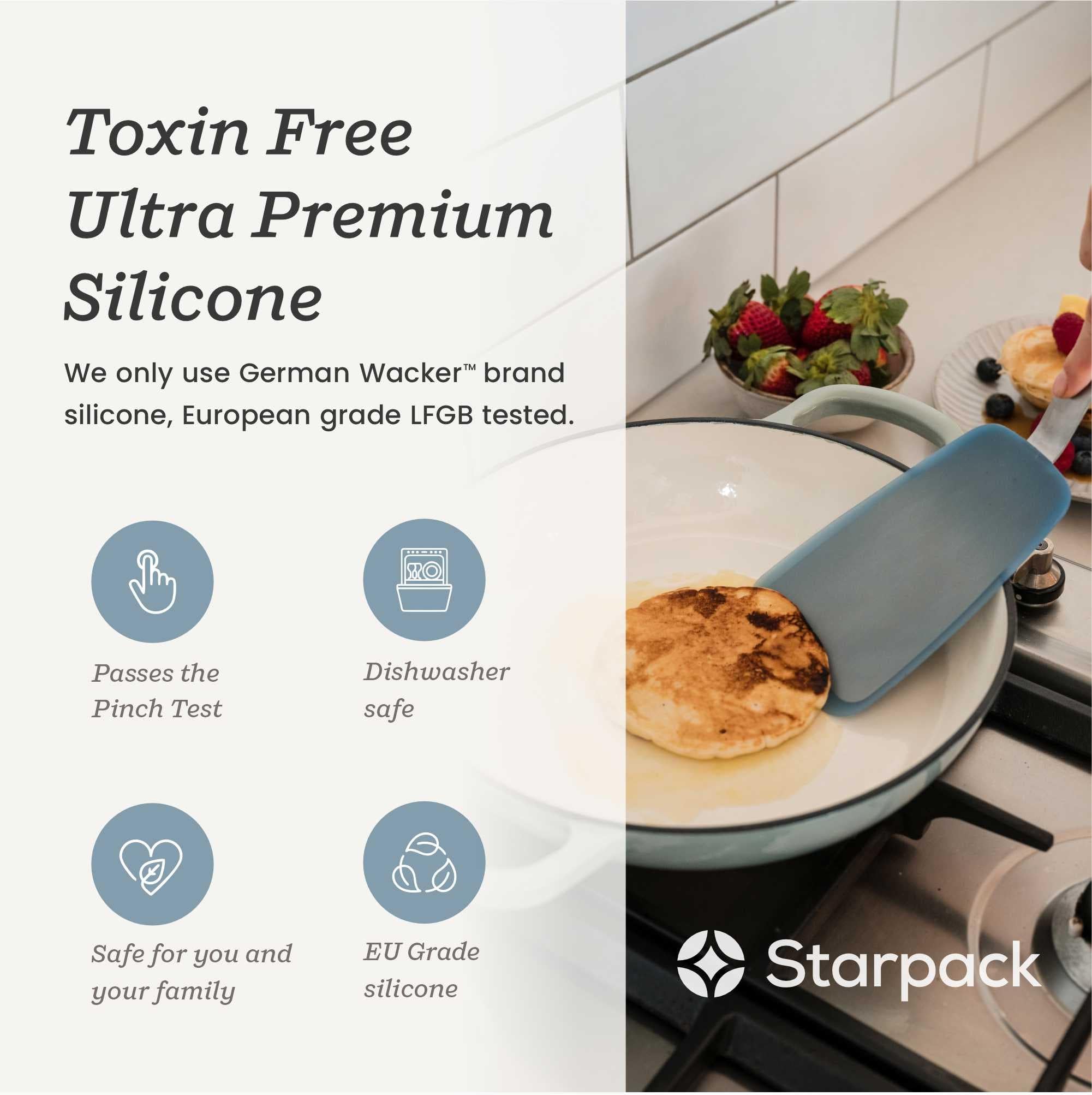 StarPack Premium Flexible Silikon Pfannenwender Set mit 3 Stück – hohe Hitzebeständigkeit bis 315 °C, hygienisches einteiliges Design, Eier, Pfannkuchen und Kekse (Blau)