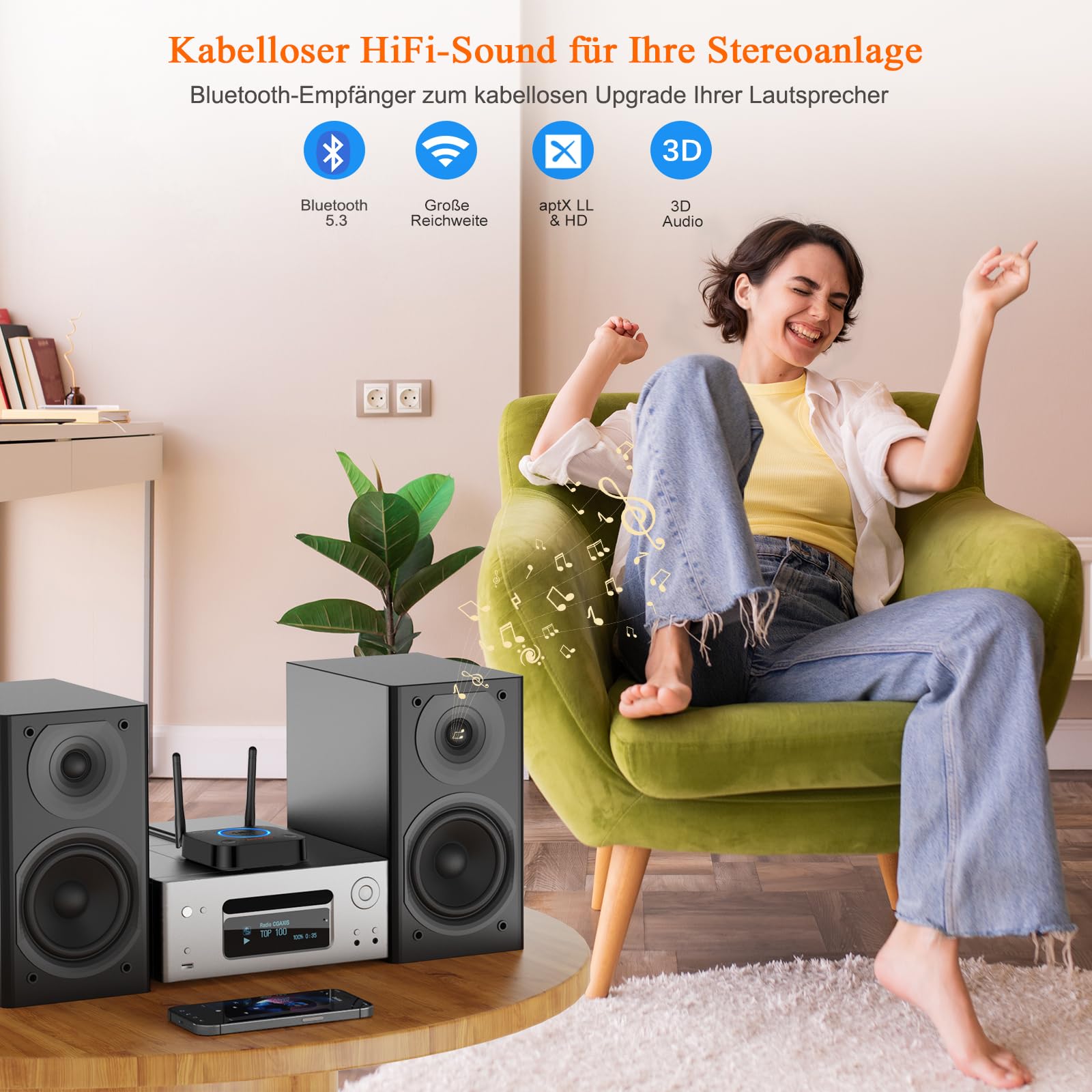 1Mii B06Pro Bluetooth 5.3 HiFi Empfänger, Kabelloser Audio Adapter aptX Low Latency 3D Surround Optisch Koaxial 3,5mm AUX