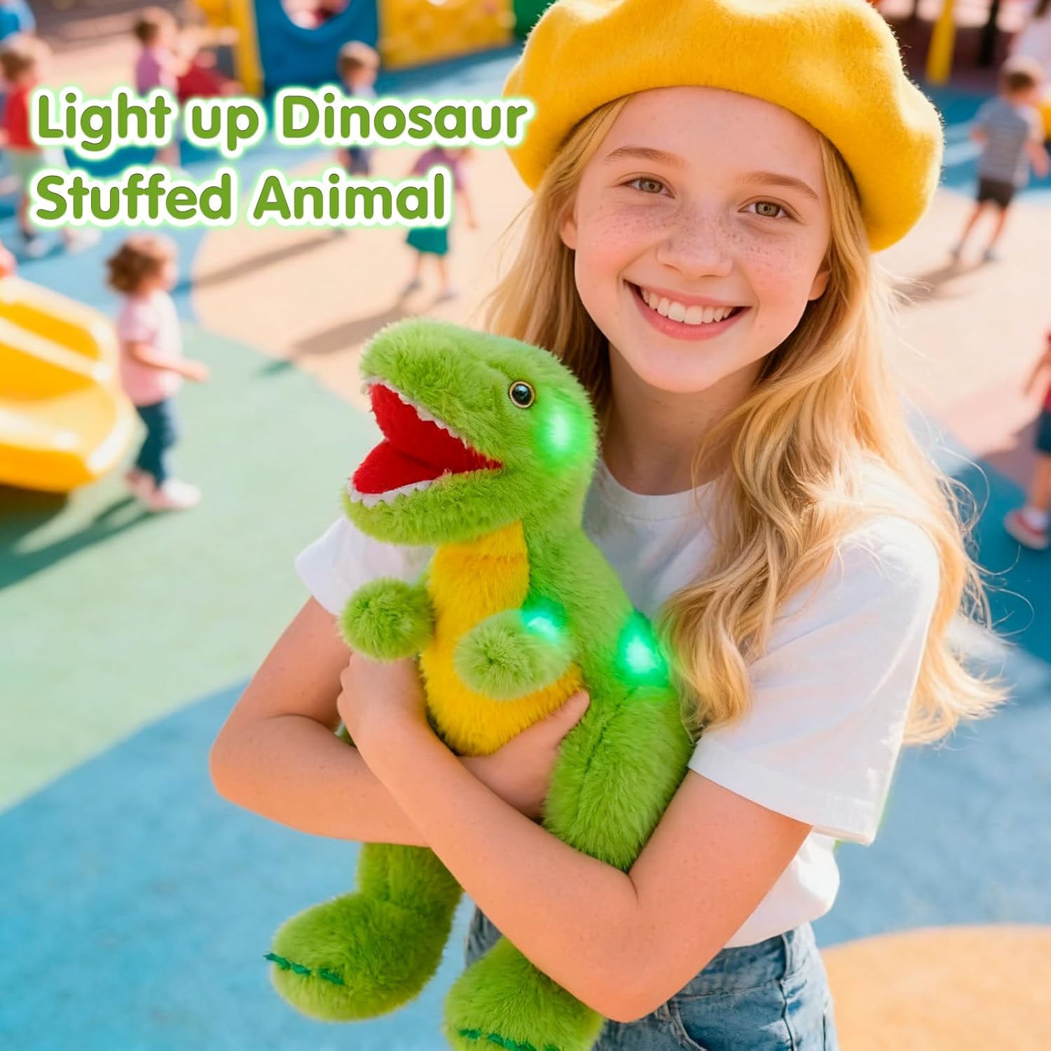Glow Guards 12" Dinosaur Stuffed Animal, Light up Dinosaur Plush Toy, Cute Soft Tyrannosaurus Plushies, Glowing Dino Stuffed Toy Gifts for Kids Boys Girls (Green)