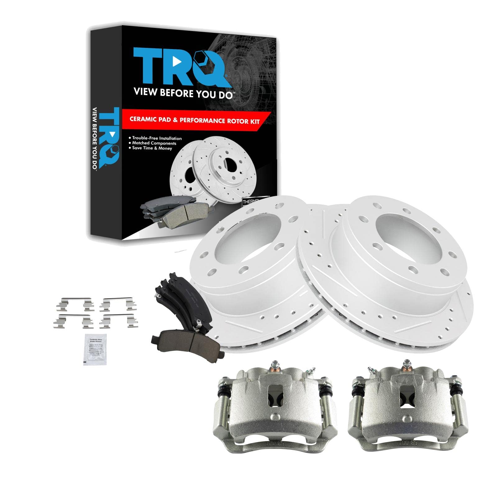 TRQ Performance Rear Brake Calipers Ceramic Pads &amp; Drilled Rotors Compatible with 07-08 GMC Savana 2500