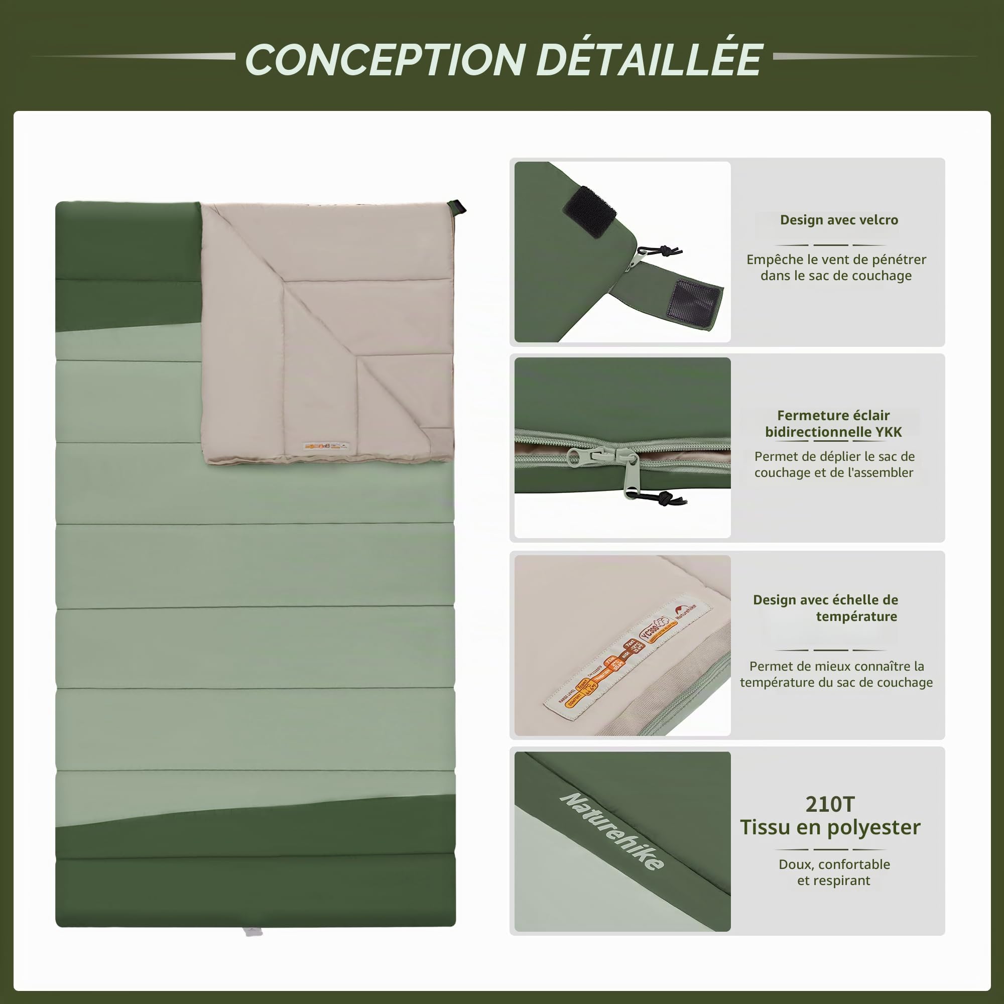 Naturehike YC Sac de Couchage 2 Personnes Sac de Couchage de Couverture 3-4 Saisons pour Adultes Enfants Chaud Lavable Portable Sacs de Couchage en Coton pour Le Camping, Les Voyages