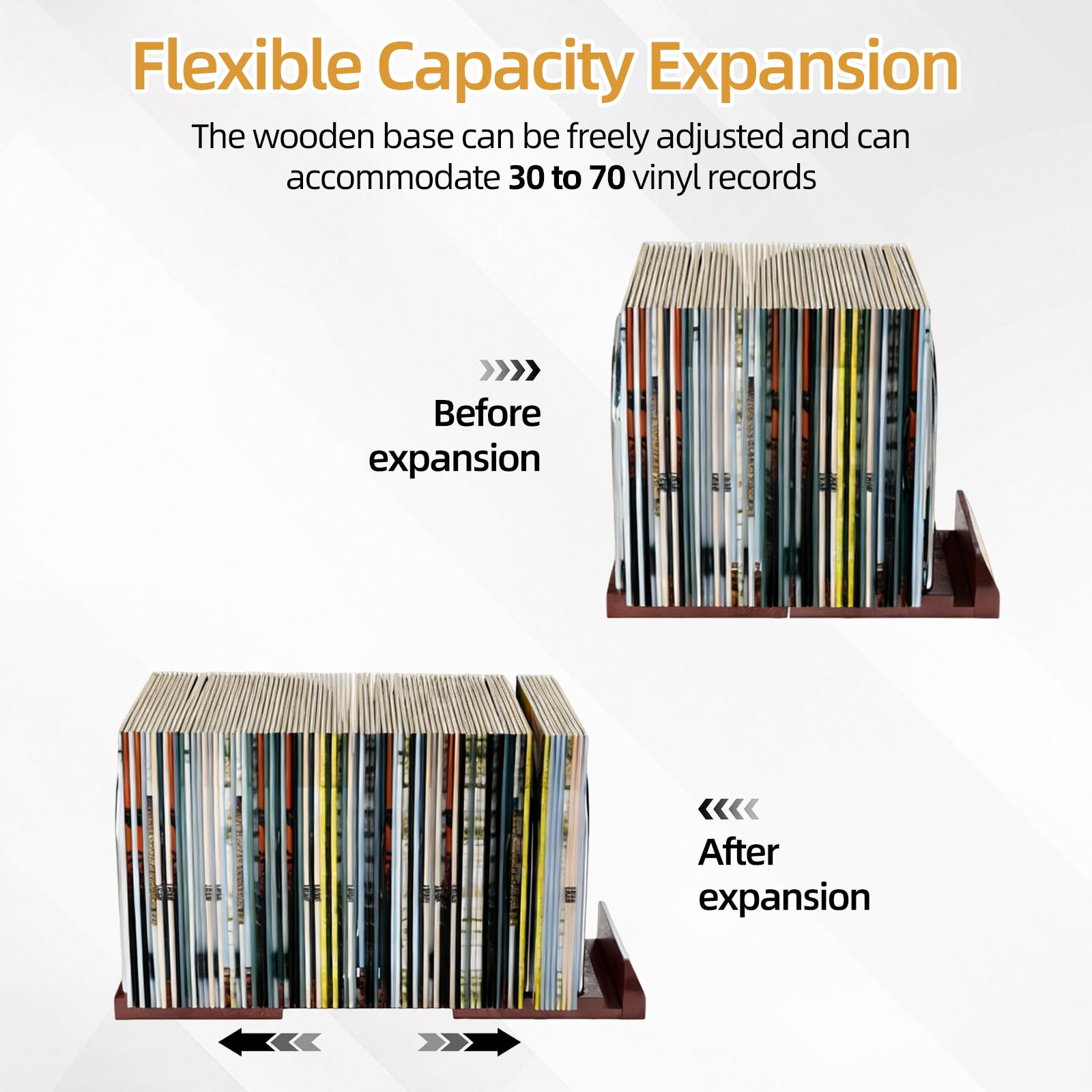 Supporto per dischi in vinile, scalabile, in stile retrò, per 30 – 70 LPs, Now Playing Vinyl Stand in legno e metallo, supporto LP per CD, album, con 5 tasche interne