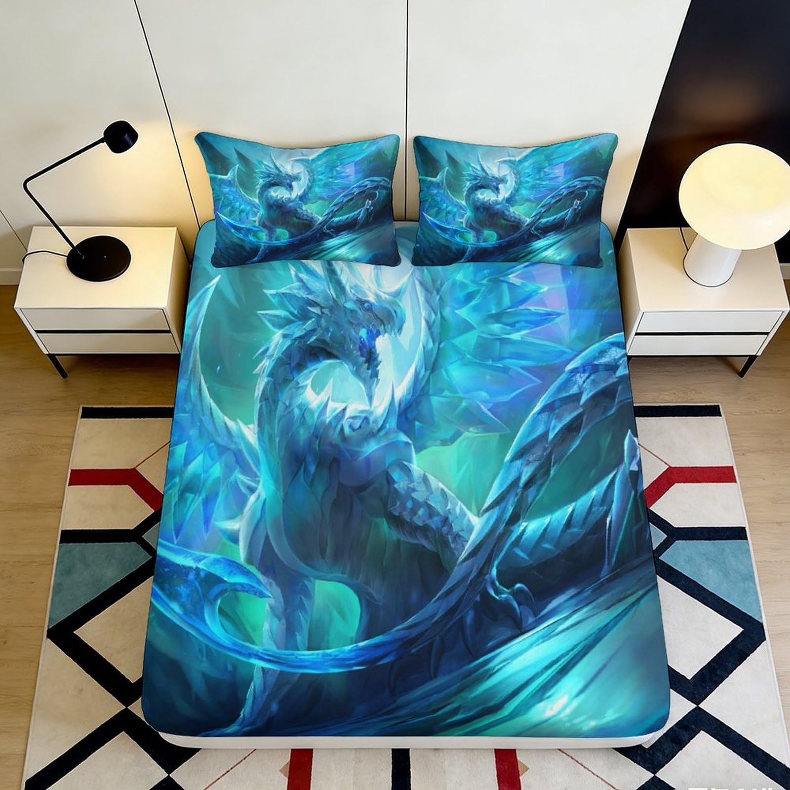 3D Printed Blue Dragon Fitted Sheet Microfiber Soft Anti-Slip Ocean Wave Mattress Cover for Bedroom Dorm Decor 90x200x25cm