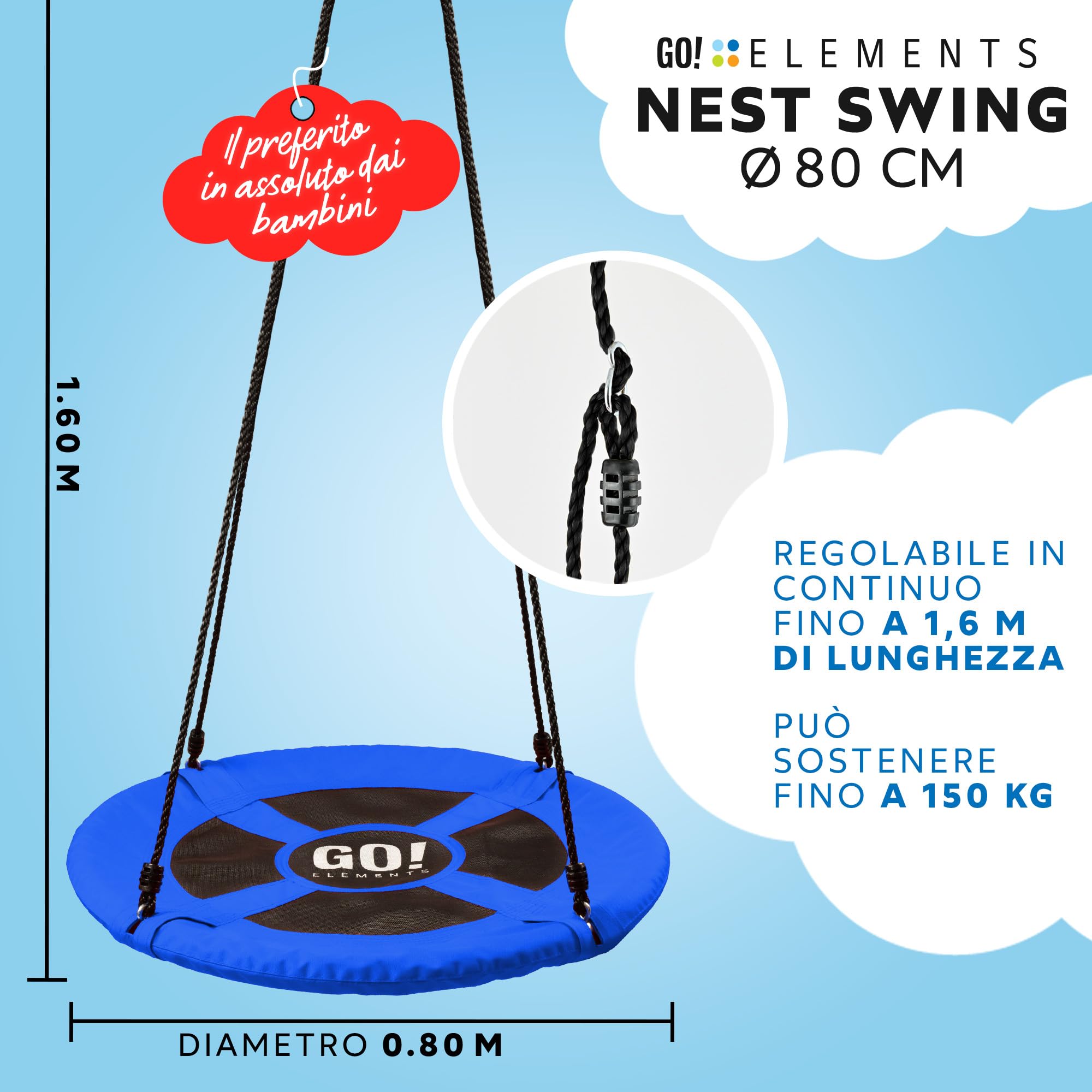 GO!elements altalena a nido | altalena rotonda per bambini | altalena per bambini & altalena adulti regolabile in altezza fino a 150 kg di capacità | Dimensioni: ø 80 cm, Colore: Blu