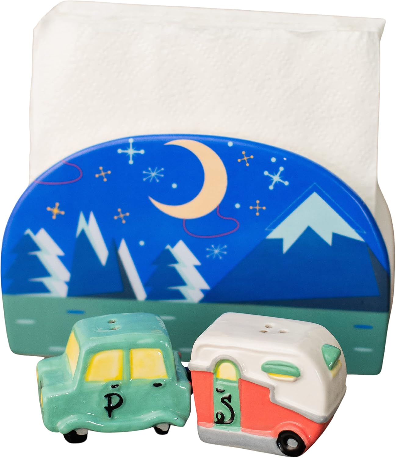 Salt and Pepper Car and Camper Spice Shakers & Napkin Holder, Sun and Moon Reversible Camping Decor, Spice Set, Retro Refillable, 4.6 x 7.2 x 2.5, Travel Camper Accessories