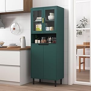 Vitrina, vitrina de cristal de pie, estantería con puerta de vidrio templado y panel ajustable, armario de MDF lacado, almacenamiento para salón y dormitorio (verde)