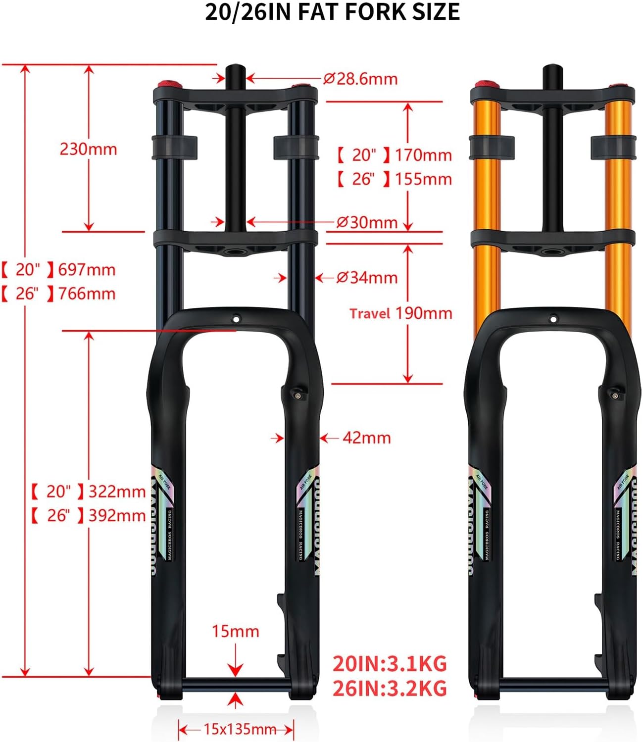 20/26 Inch Fat Fork 4.0" Tire Disc Brake Travel 170mm MTB Bike Air Suspension Fork 1-1/8" Rebound Adjustment Thru Axle Electric Bicycle Front Fork 15x135mm
