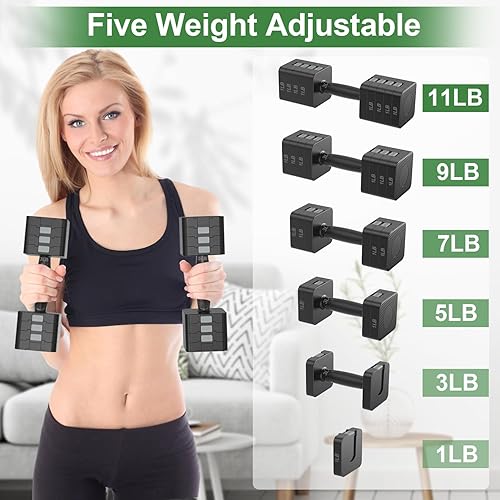 Miniatura 2 de Juego de mancuernas ajustables de 22 libras, juegos de pesas de mano con 5 niveles de 3 libras, 5 libras, 7 libras, 9 libras, 11 libras, mancuernas