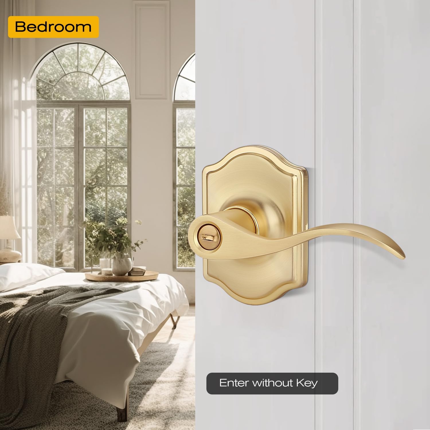 EHOMEWARE Door Handles Interior, 2 Pack Brass Door Knobs, Keyless Privacy Door Knob, Bedroom Door Lock, Bathroom Door Handle, Gold Door Knob, Wave Door Lever for Left/Right Handed Doors