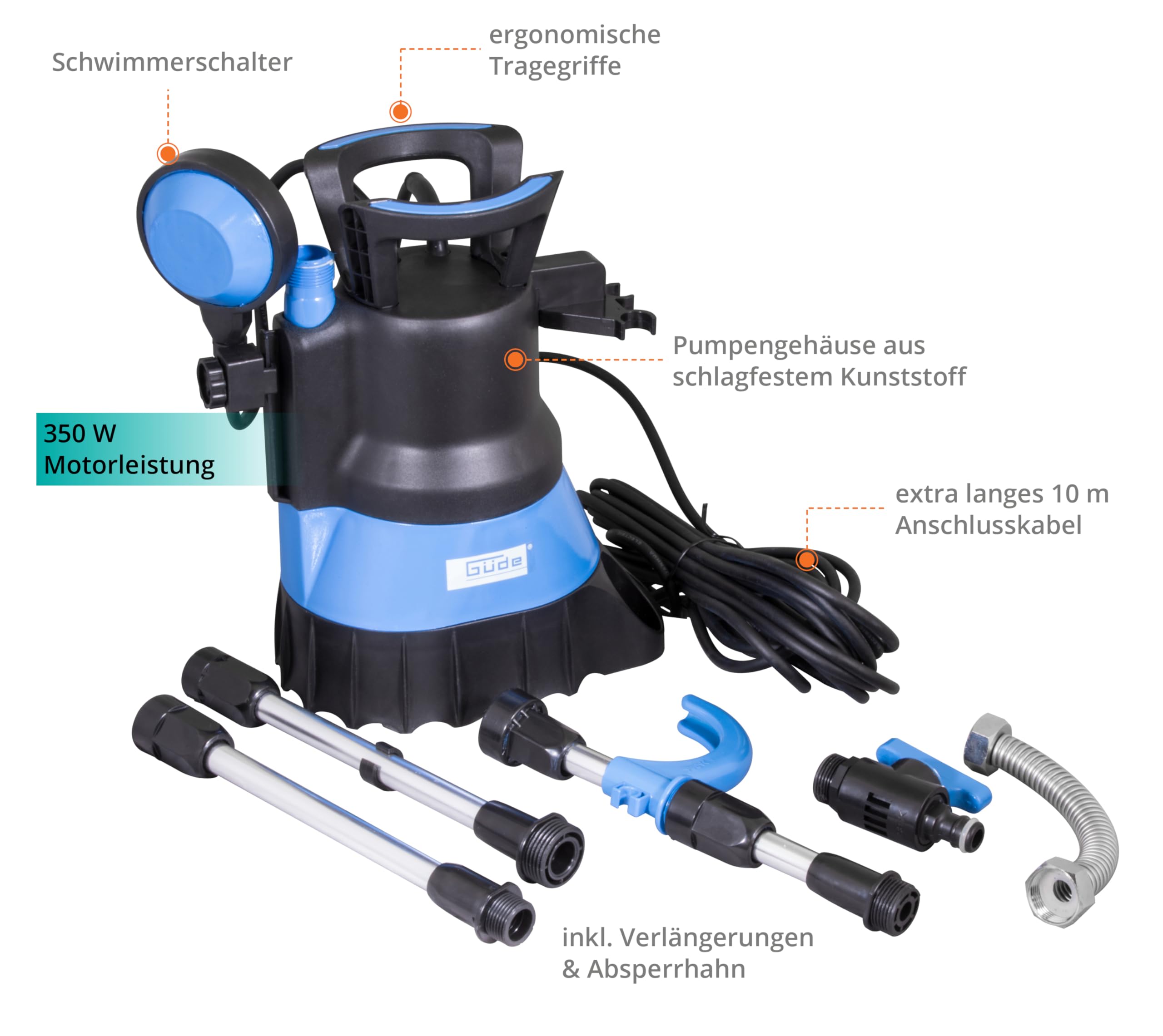 Güde Regenfass-Tauchpumpe GFP 5201 (350 W, 5200 l/h, max. Förderhöhe/Eintauchtiefe 11 m/7 m, Noryllaufrad, 10 m Anschlusskabel, max. Korngröße 3 mm, Schwimmerschalter, Verlängerung & Absperrhahn)