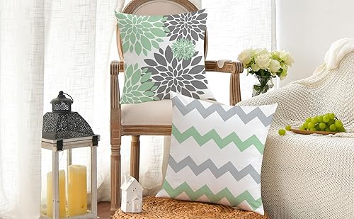 Miniatura 4 de Juego de 4 fundas de almohada verdes de 18 x 18 pulgadas, fundas decorativas para primavera y verano, para exteriores, diseño geométrico floral para