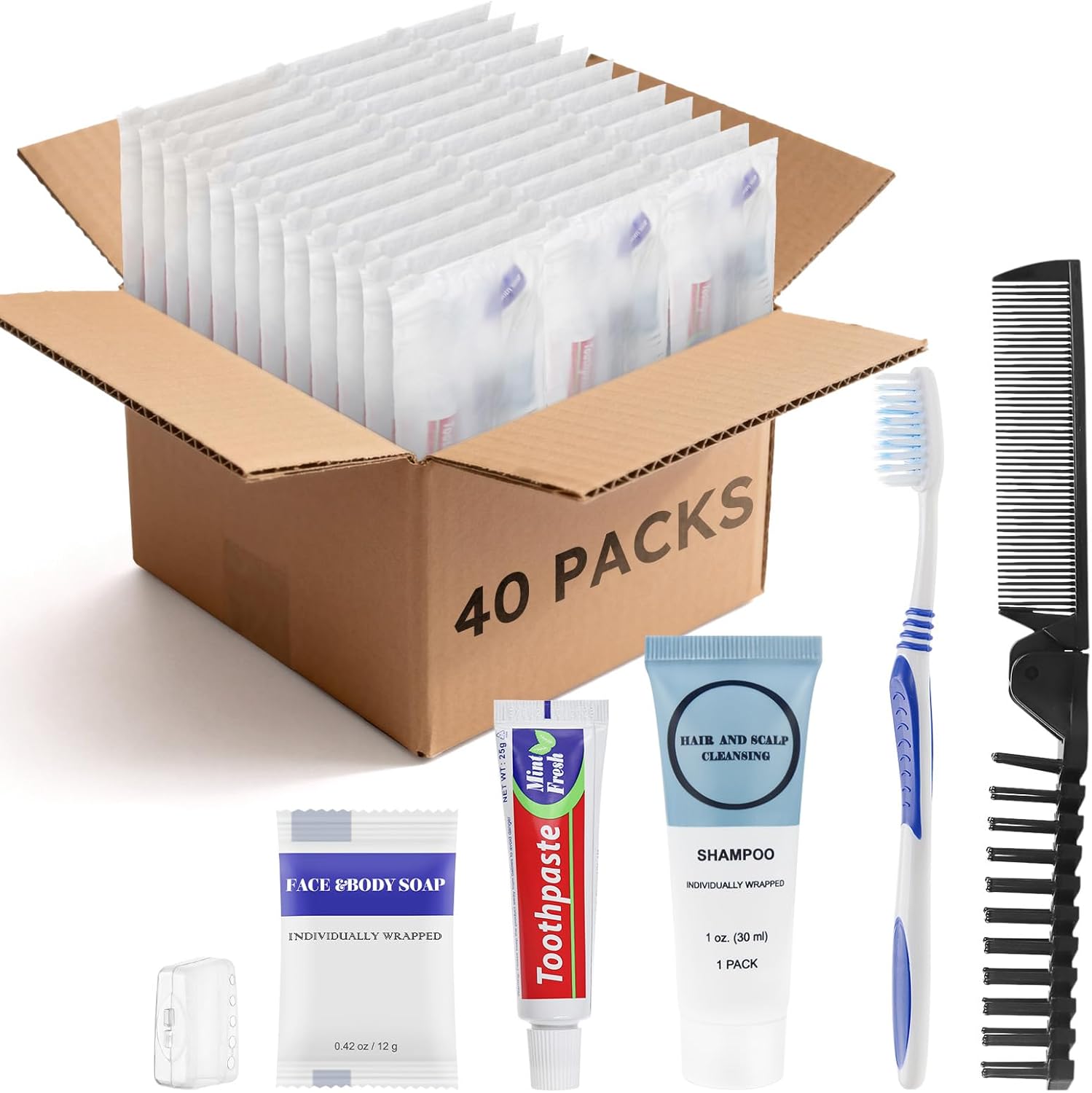 Travel Toiletries Supplies Kits Disposable Toiletry Amenities Set in Bulk, Hygiene Trial Size Personal Essentials Individually Wrapped for Camping, Hotel, Guest, Homeless, Charity, 5-in-1 (40-Pack)