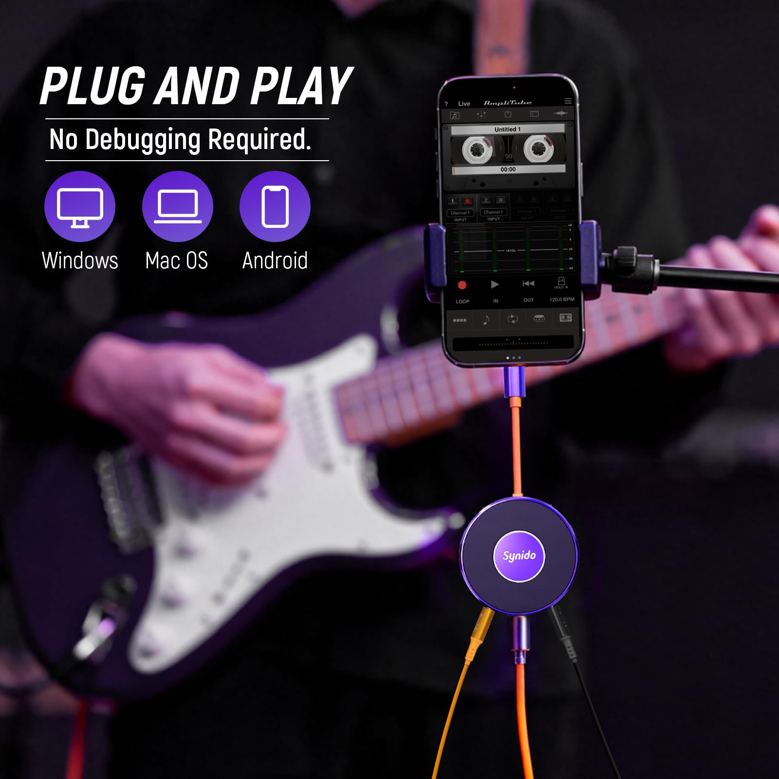 Synido Interfaccia audio portatile per chitarra con USB-C a 24 bit, mini interfaccia 48 kHz per uscita audio DJ, registrazione di musica e streaming live con ingresso strumento e monitoraggio cuffie