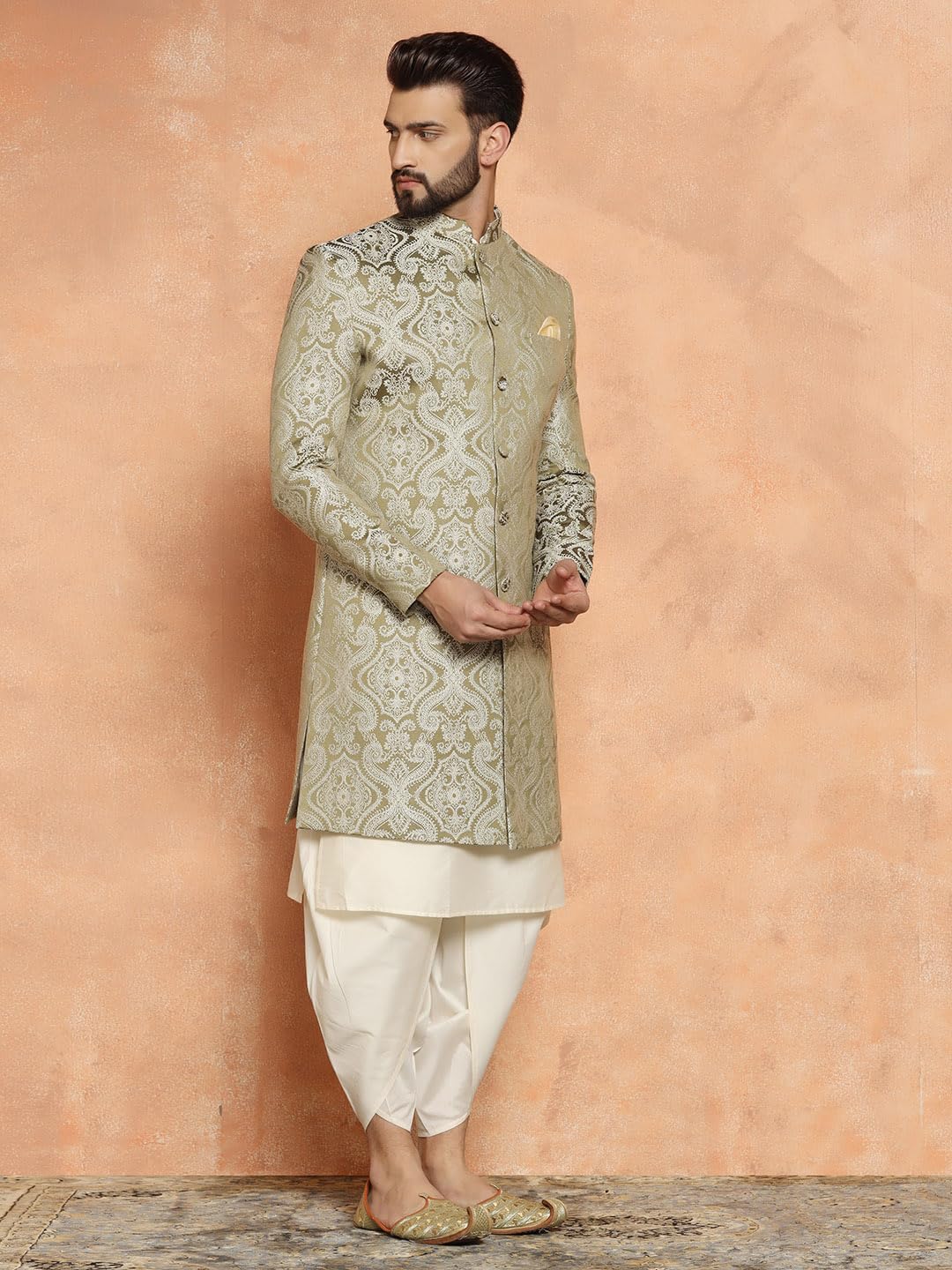 Kisah Men's Ethnic Wear Silk Blend Woven Design Regular Fit Olive-White Kurta Indo-Western Sherwani Set Indo-Western|40