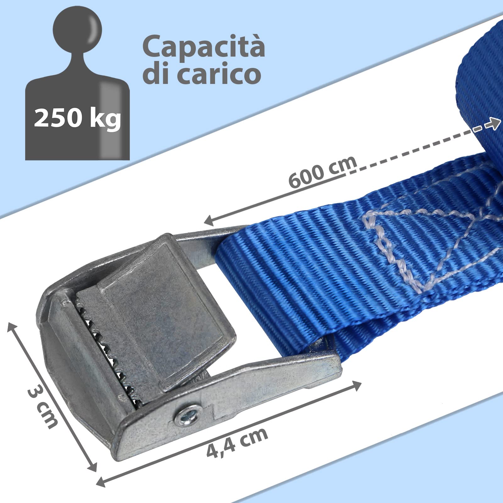 Cinghia di fissaggio Cinghie di tensione - blu - 1m 2,5m 4m 6m - diverse quantità, sicura del carico resistenza fino a 250 kg DIN EN 12195-2 ; 4 pezzi 2.5 cm x 6 m - 5