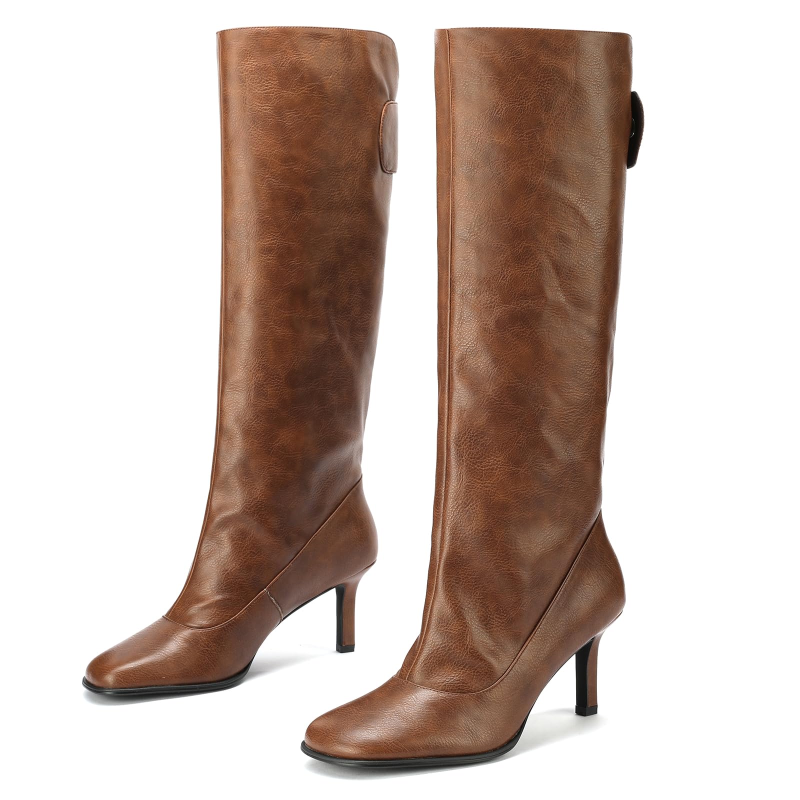 TDD Knee High Boots Women Heels Wide Calf Black Tall Long Fall Winter Square Round Toe Ladies Faux