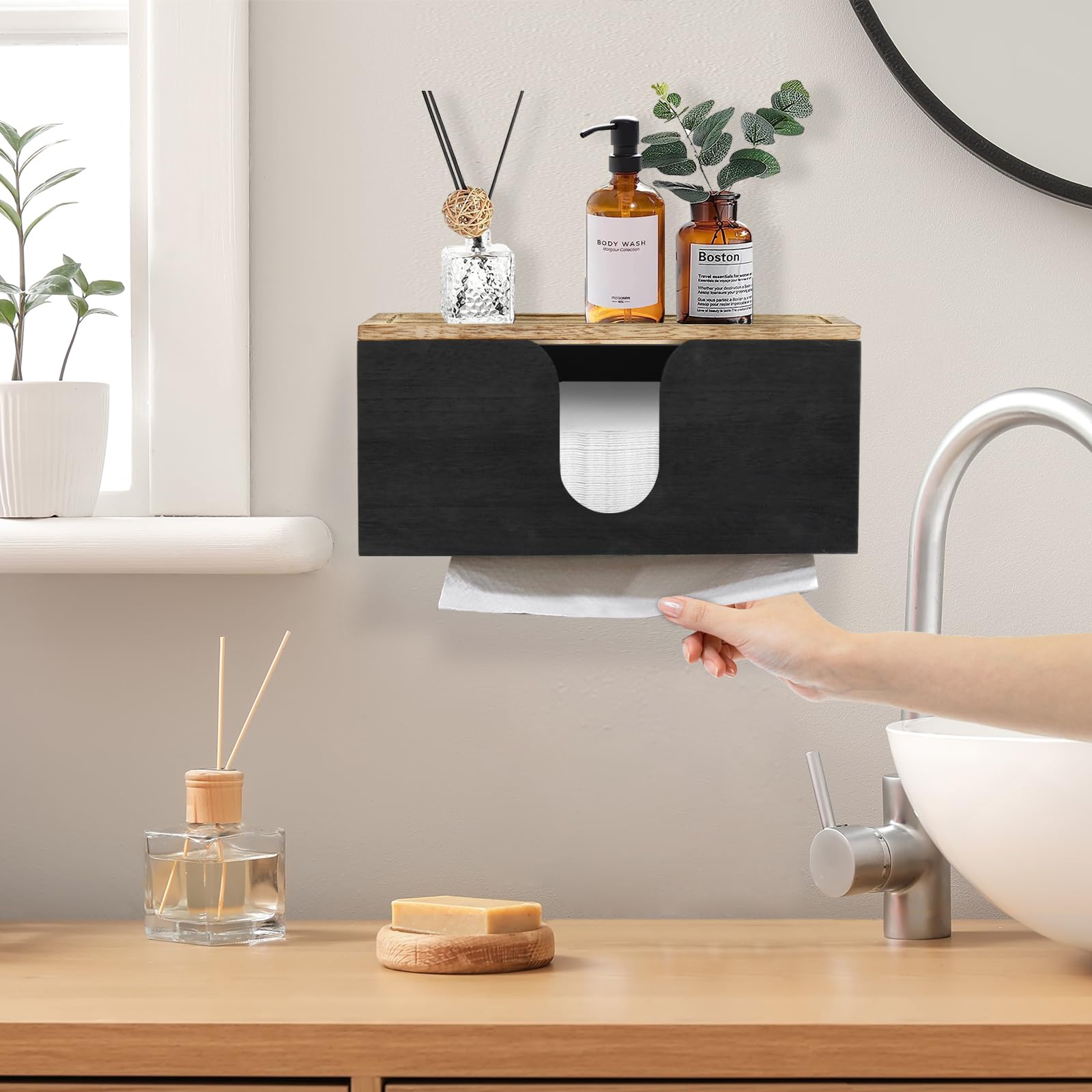 Paquete de 2 dispensadores de toallas de papel de madera maciza para montaje en pared, soporte plegable para toallas de papel con tapa, plegable en C, plegable en Z, dispensador de toallas de papel de