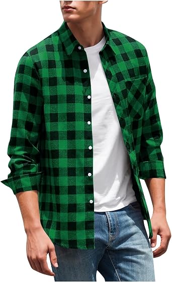 Mens Plaid Button Down Shirts Long Sleeve Regular Fit Casual Tops Business Casual Outfits with Chest Pocket