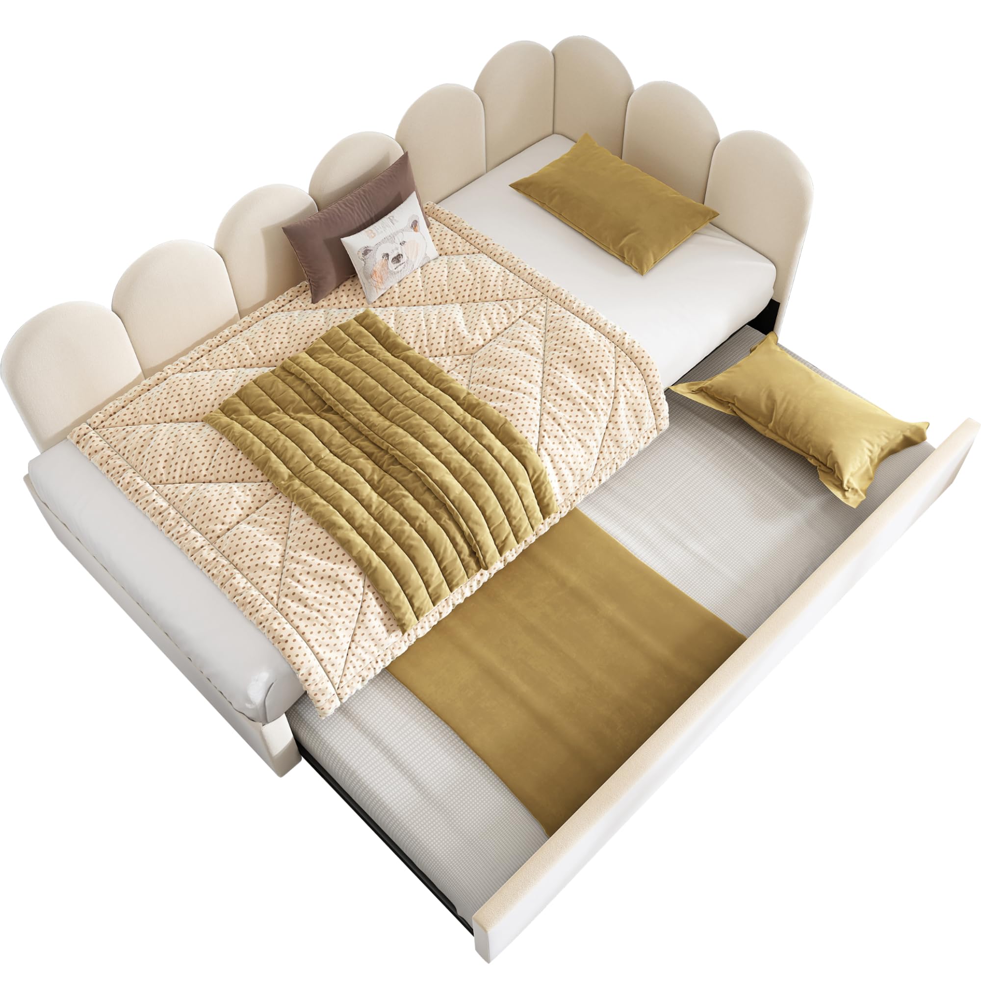 Letto imbottito, 90 x 200 cm, divano letto estraibile 90 x 190 cm, letto per bambini con rete a doghe in metallo, velluto, senza materasso (beige con letto estraibile, 90 x 200 cm)