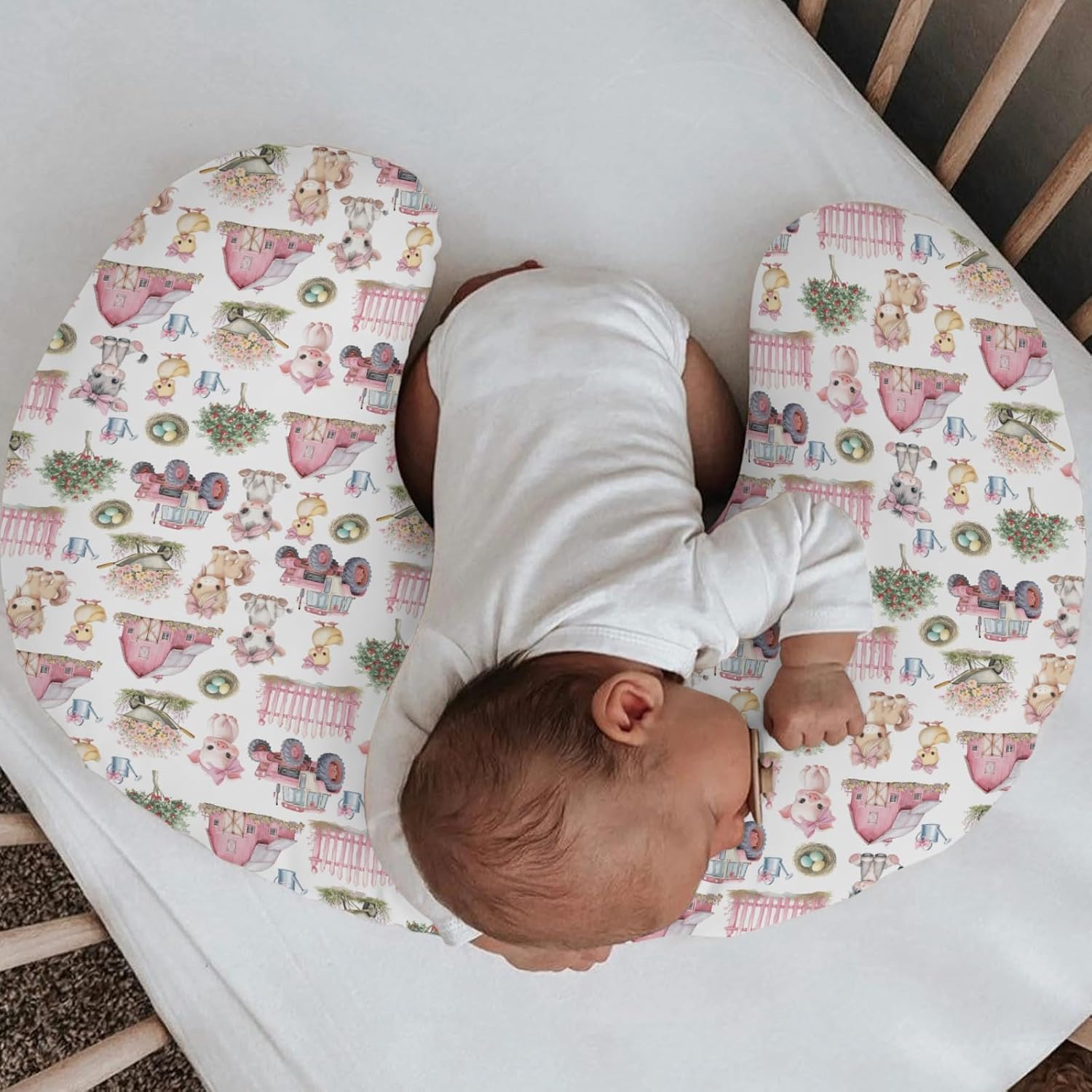 Pink Farm Animals Nursing Pillow Covers Barn Pig Duck Cow Horse Bows Tractors Soft Stretchy Nursing Cover for Breastfeeding Pillows Farmyard Pillow Slipcover for Baby Girls Boys Newborn Nursery